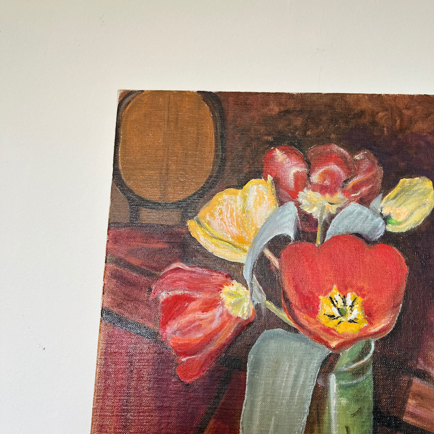 Still life canvas painting tulips on table signed r saintin