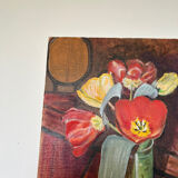 Tableau sur toile nature morte tulipes sur table signé r saintin