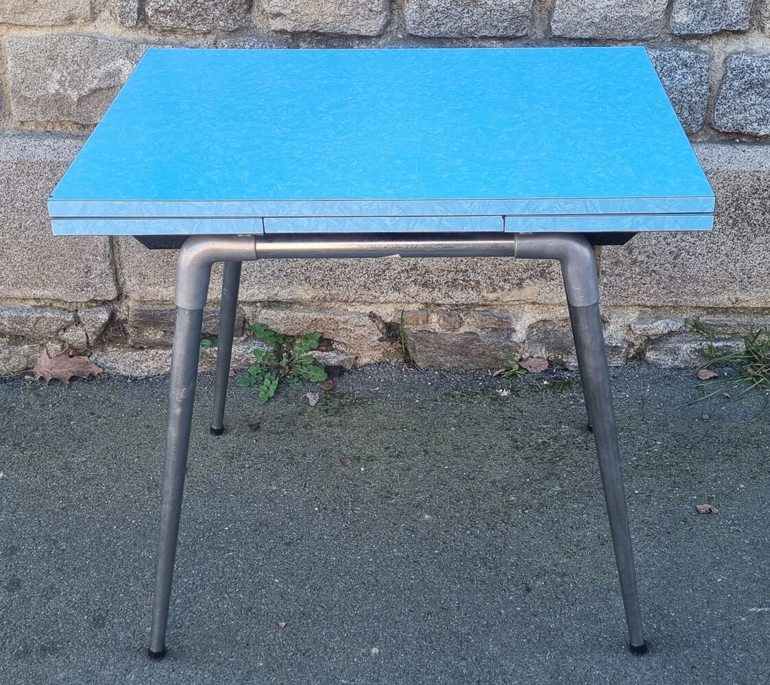 Blue formica set Jafae and its 4 vintage chairs, 70s