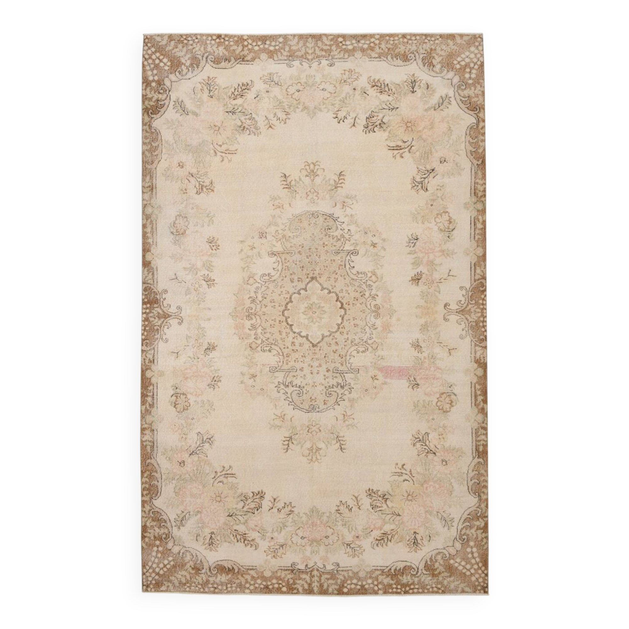 Tapis Aubusson ancien tons beiges et roses, élégant et raffiné, 209x335 Cm