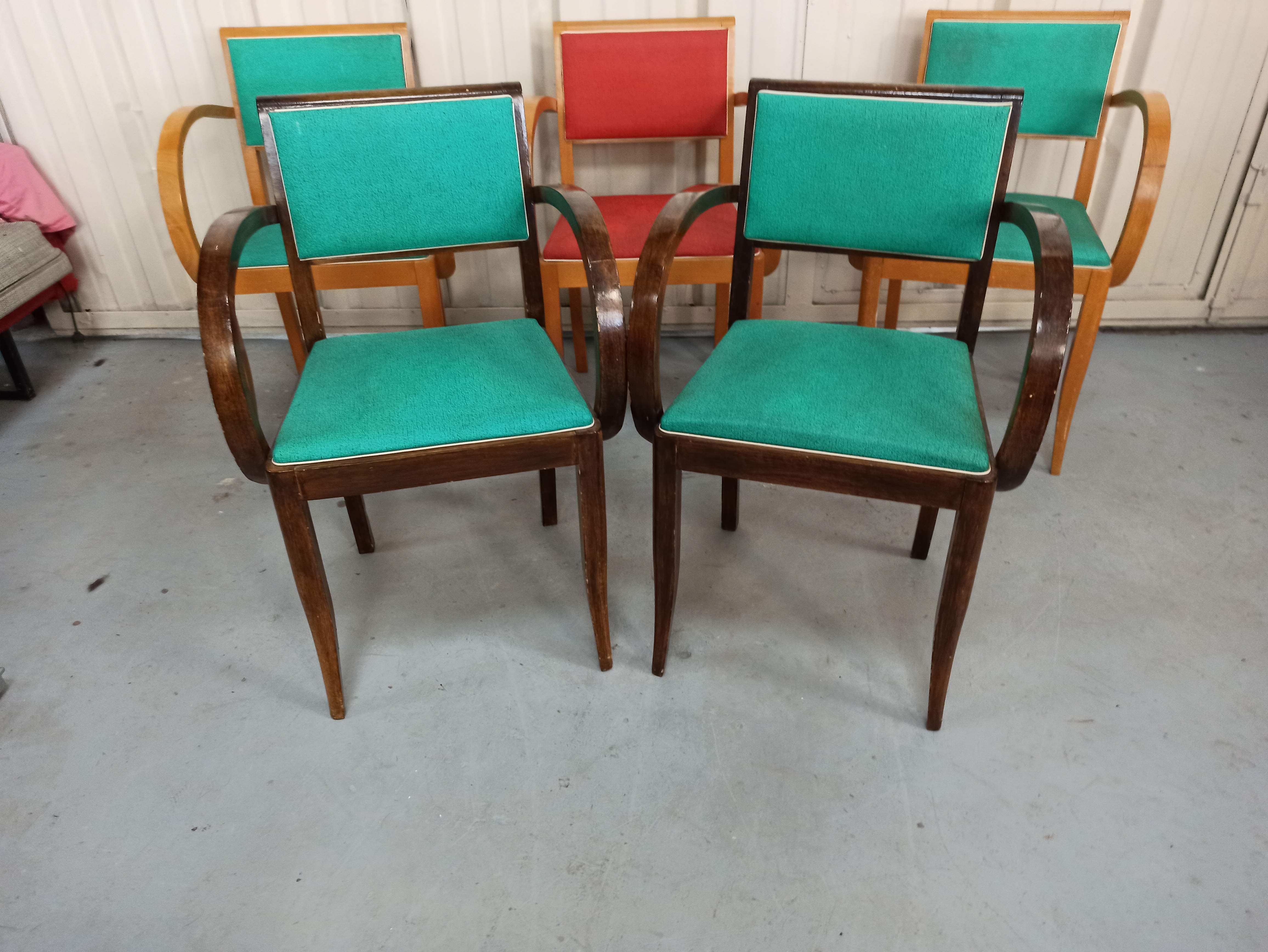 Lot 5 armchairs bridge skai and wood - red green