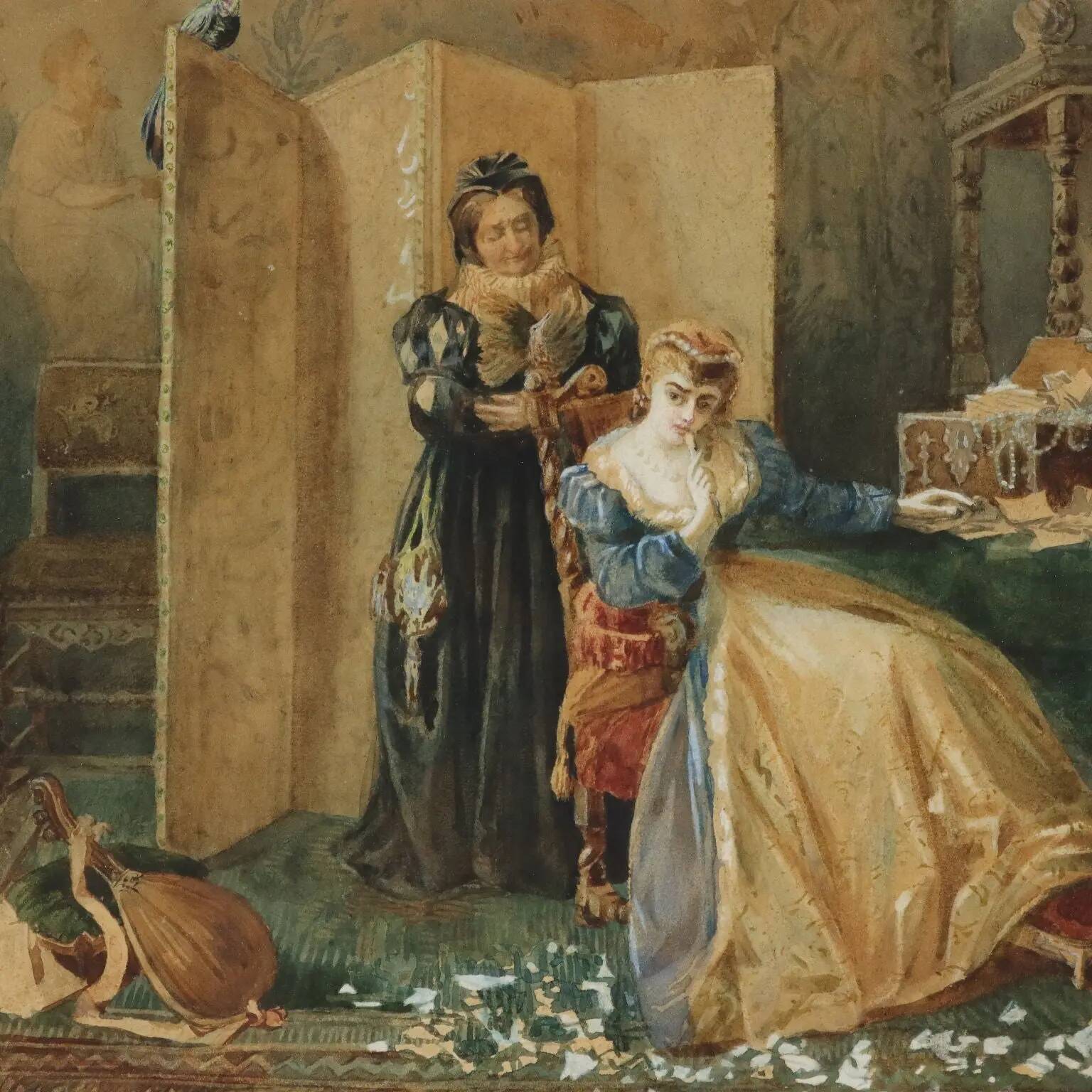Old painting signed Pietro Michis, interior scene, 19th century.