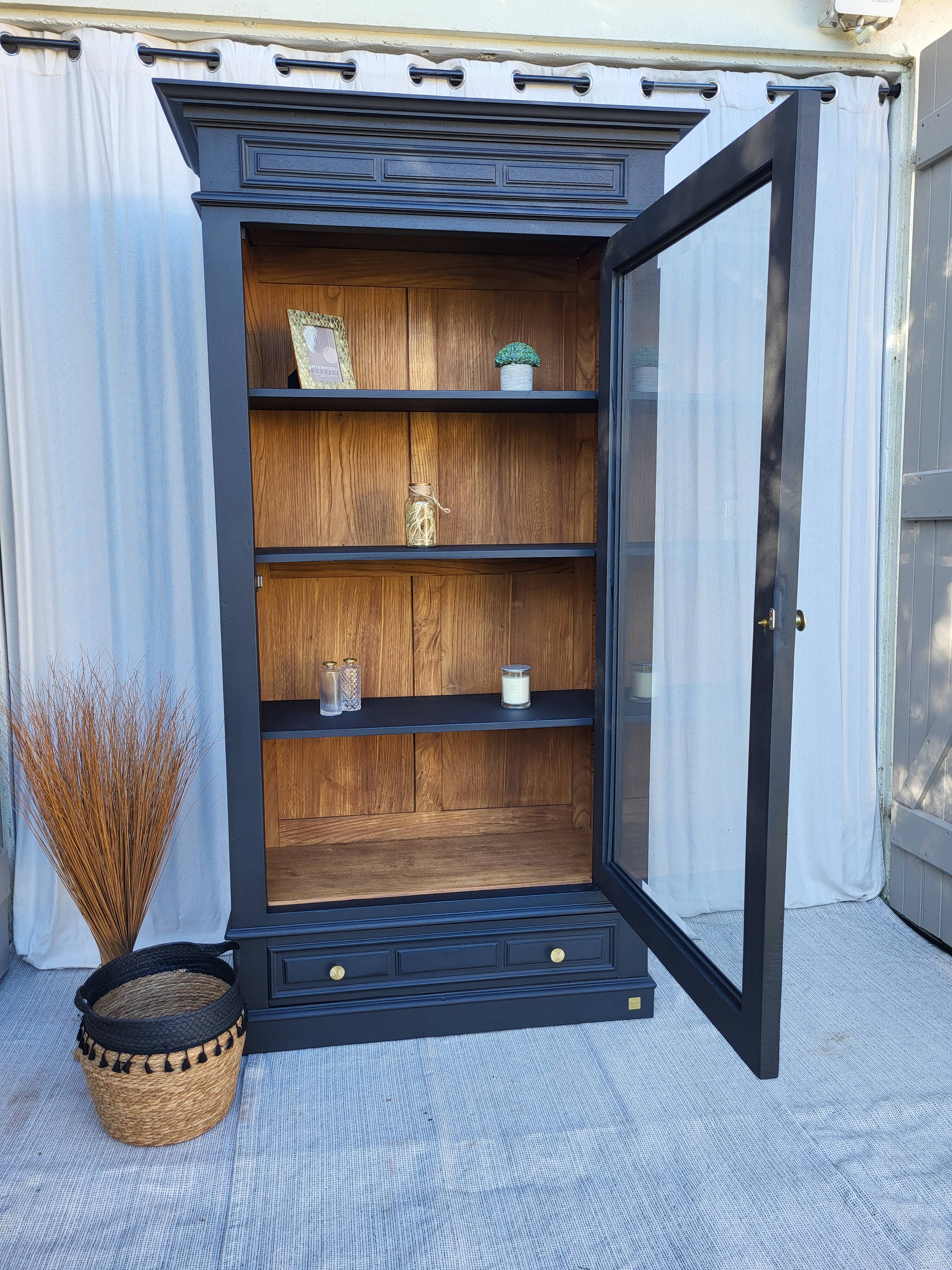 Black and raw wood dresser