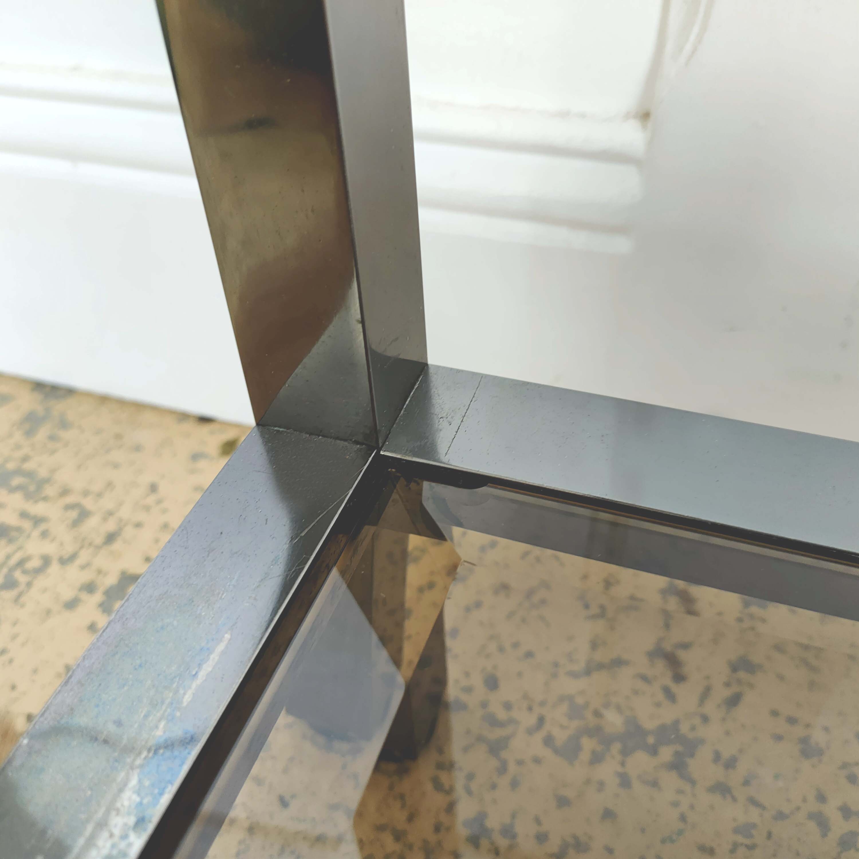 Table console vintage métal laiton et verre fumé biseauté