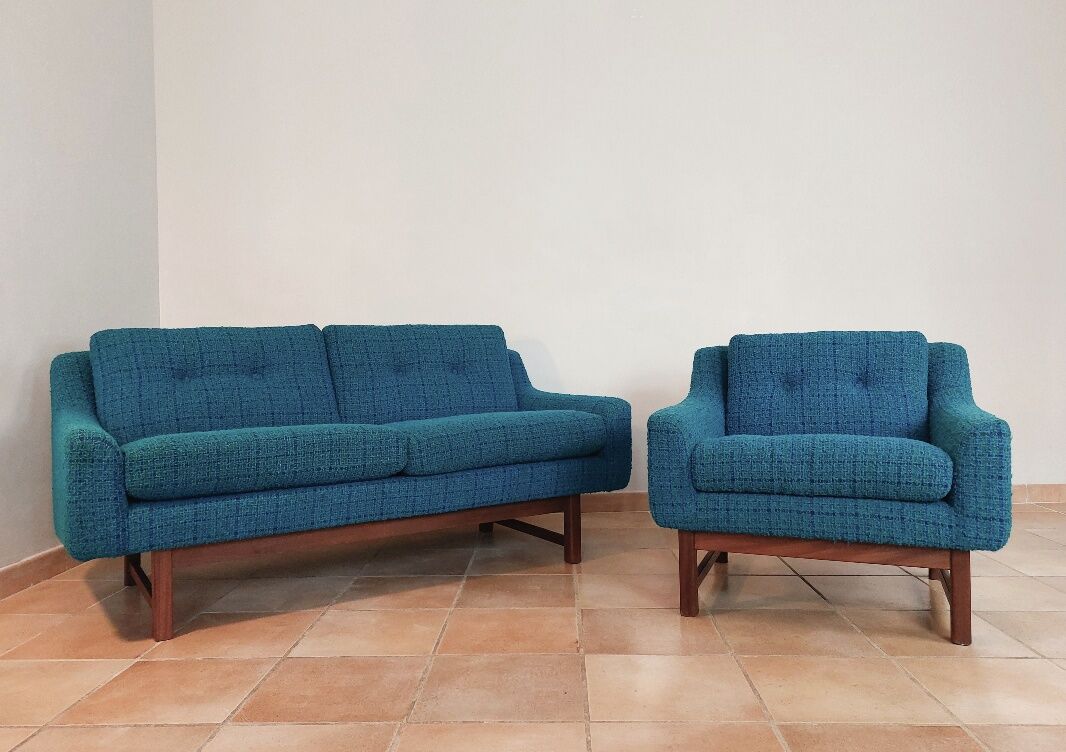 Norwegian living room set in blue fabric, vintage scandinavian 1960s