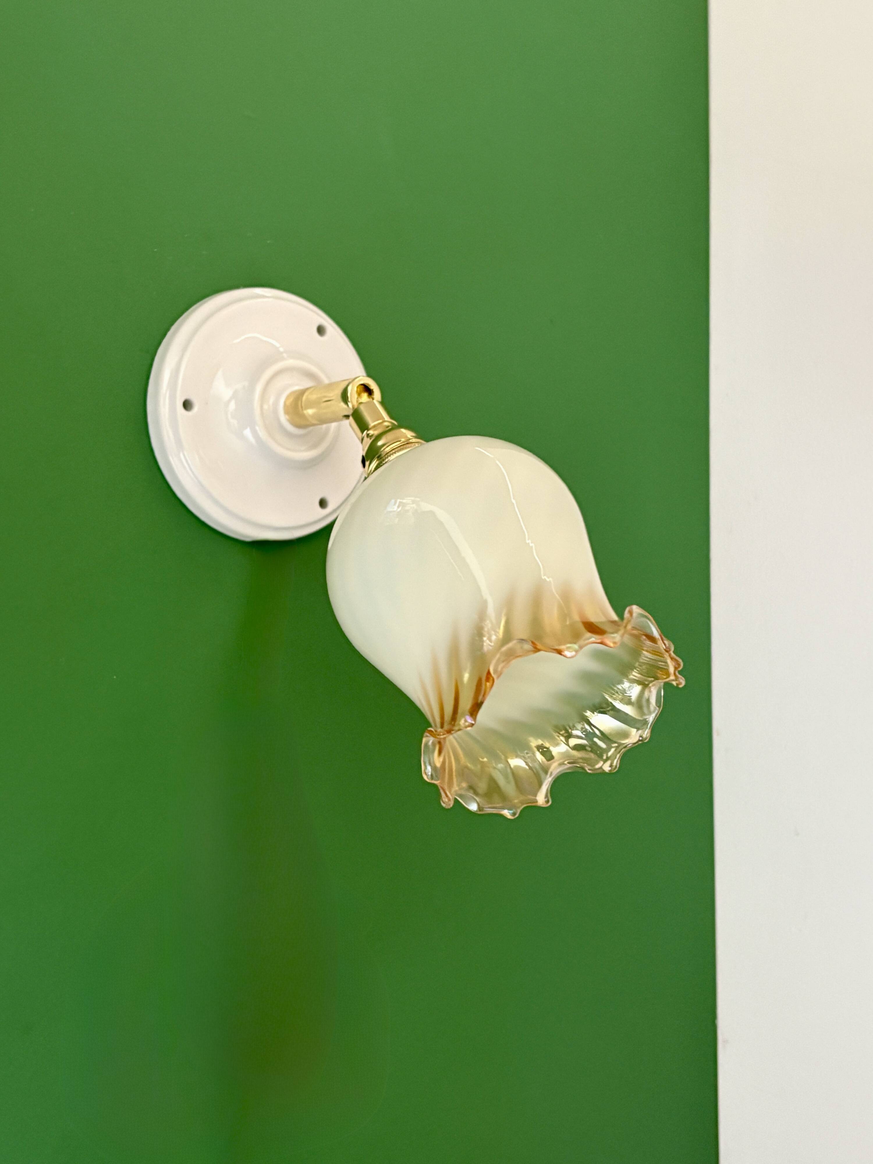 Vintage tulip wall light in white and amber glass