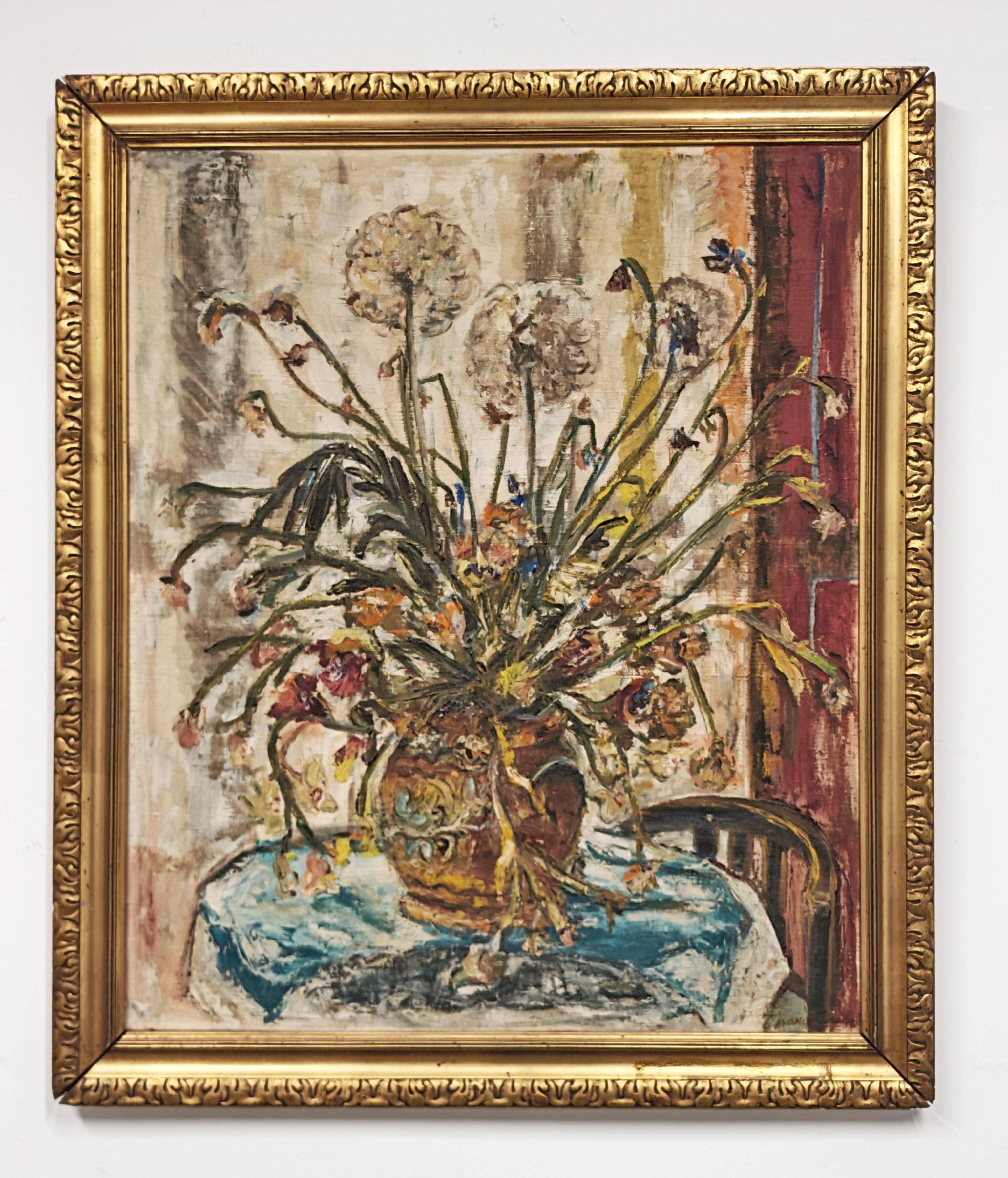 "Flowers", huile sur toile par Branislava Modelska-Jovanovic 1963