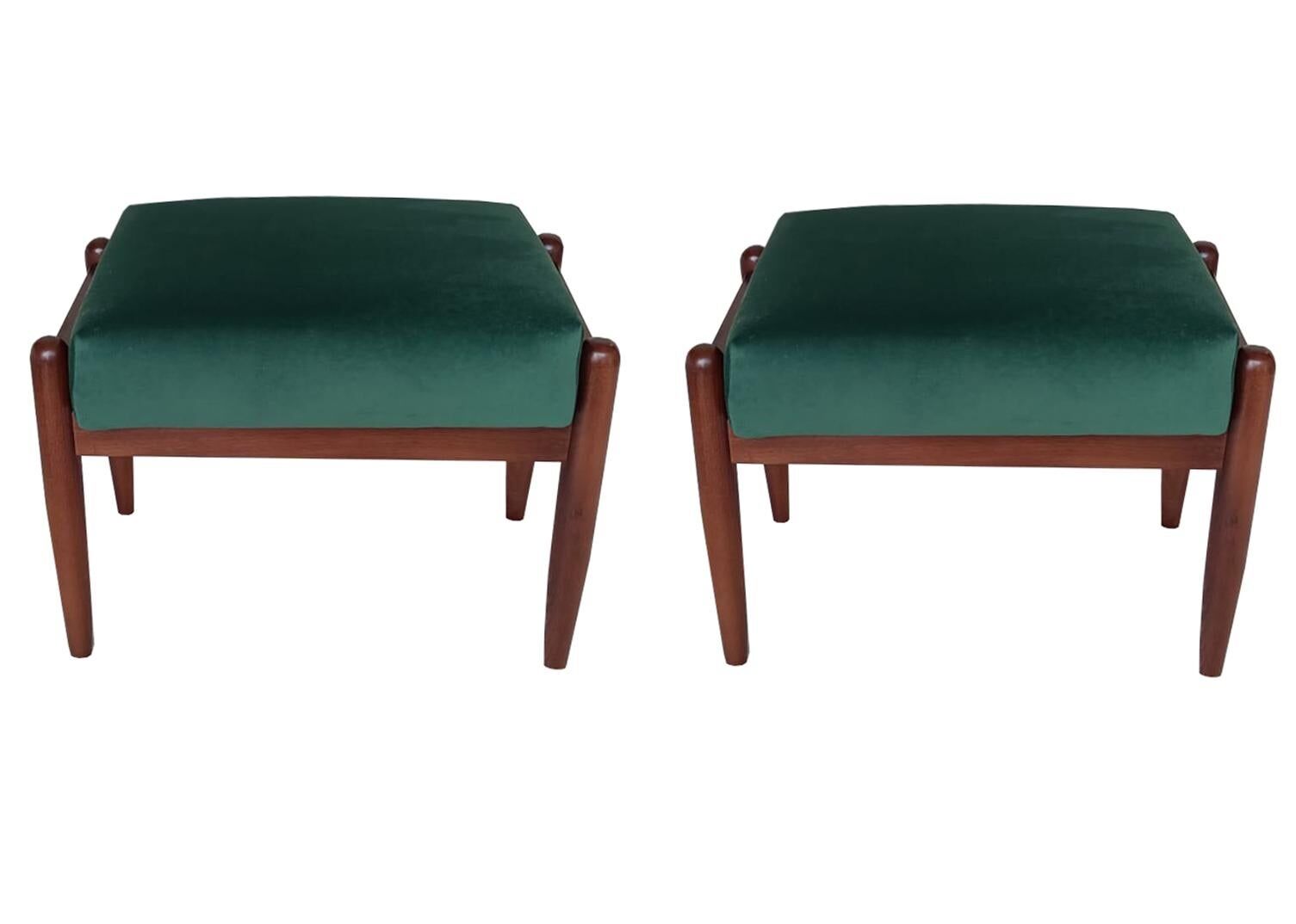 Pair of vintage green velvet stools, mid-century, Edmund Homa, 1960s