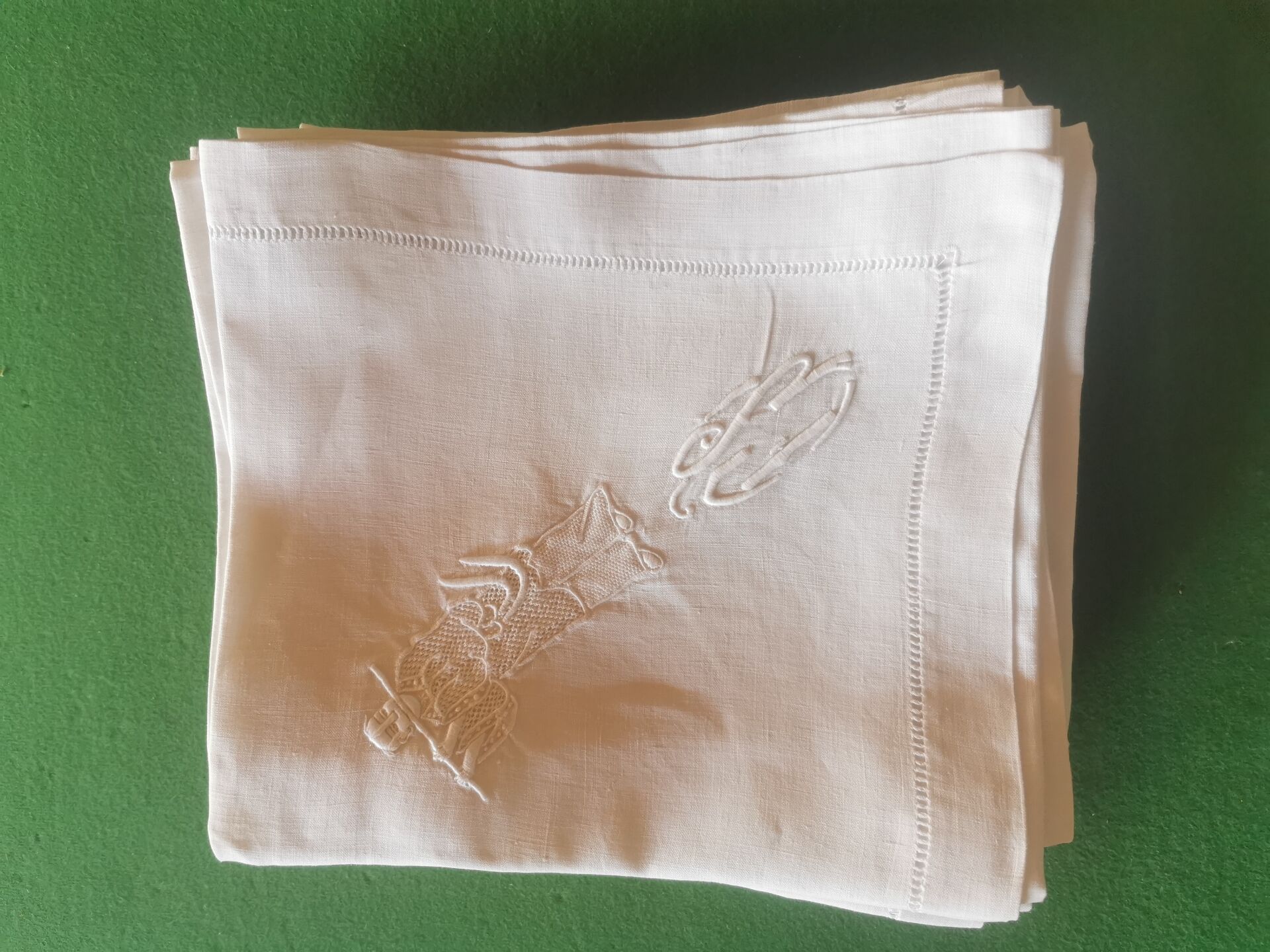 12 old damask linen napkins with a monogram