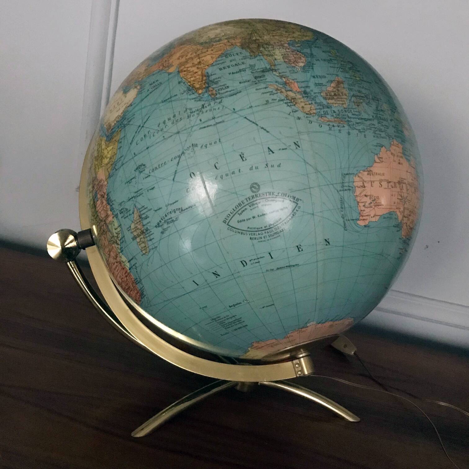 Grand Globe Terrestre Vintage • Verre • Laiton • Columbia Duo • Space Age • 1960