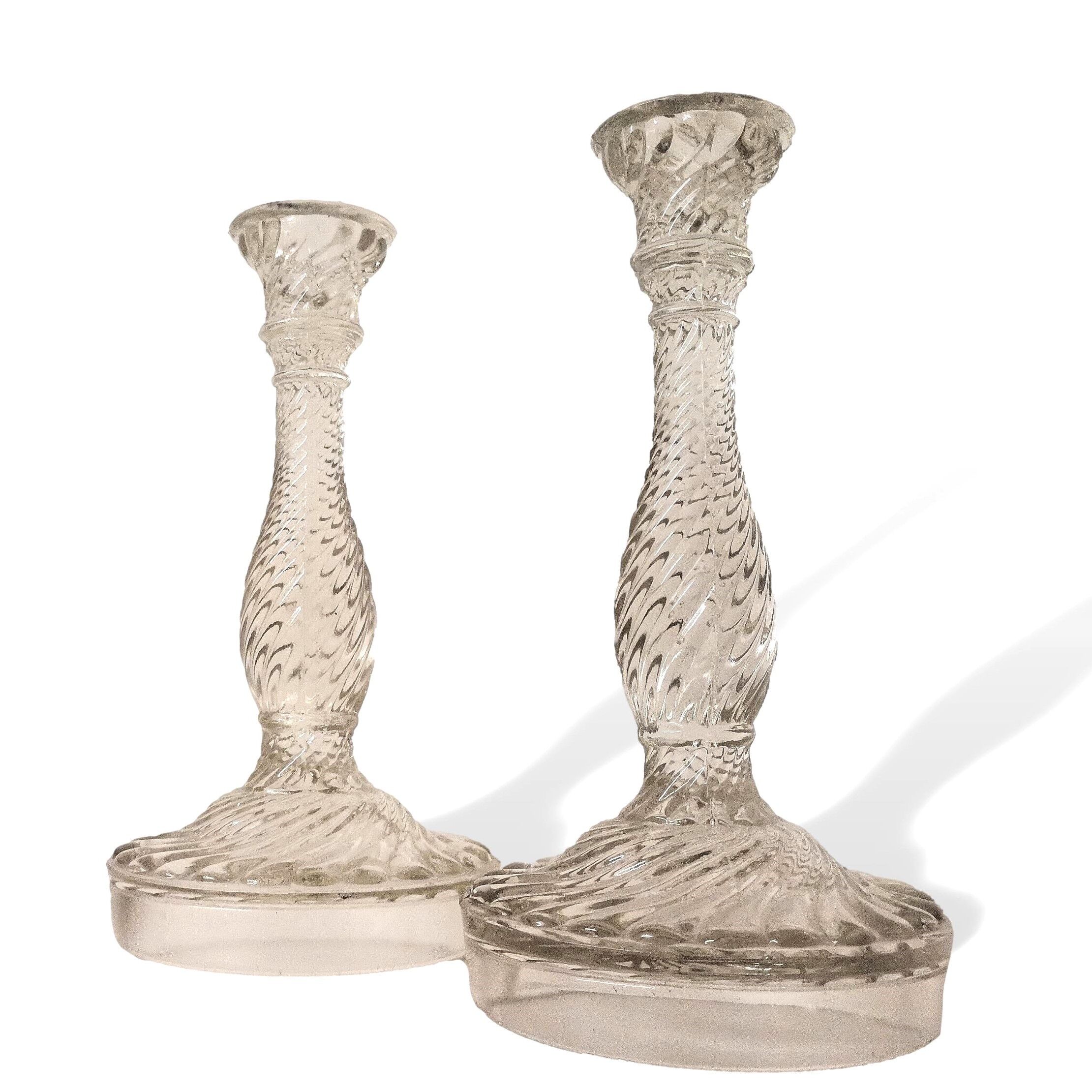 Set of 2 mid century modern clear glass candlestick candle stick holders