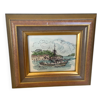 Watercolour painting signed boat marine