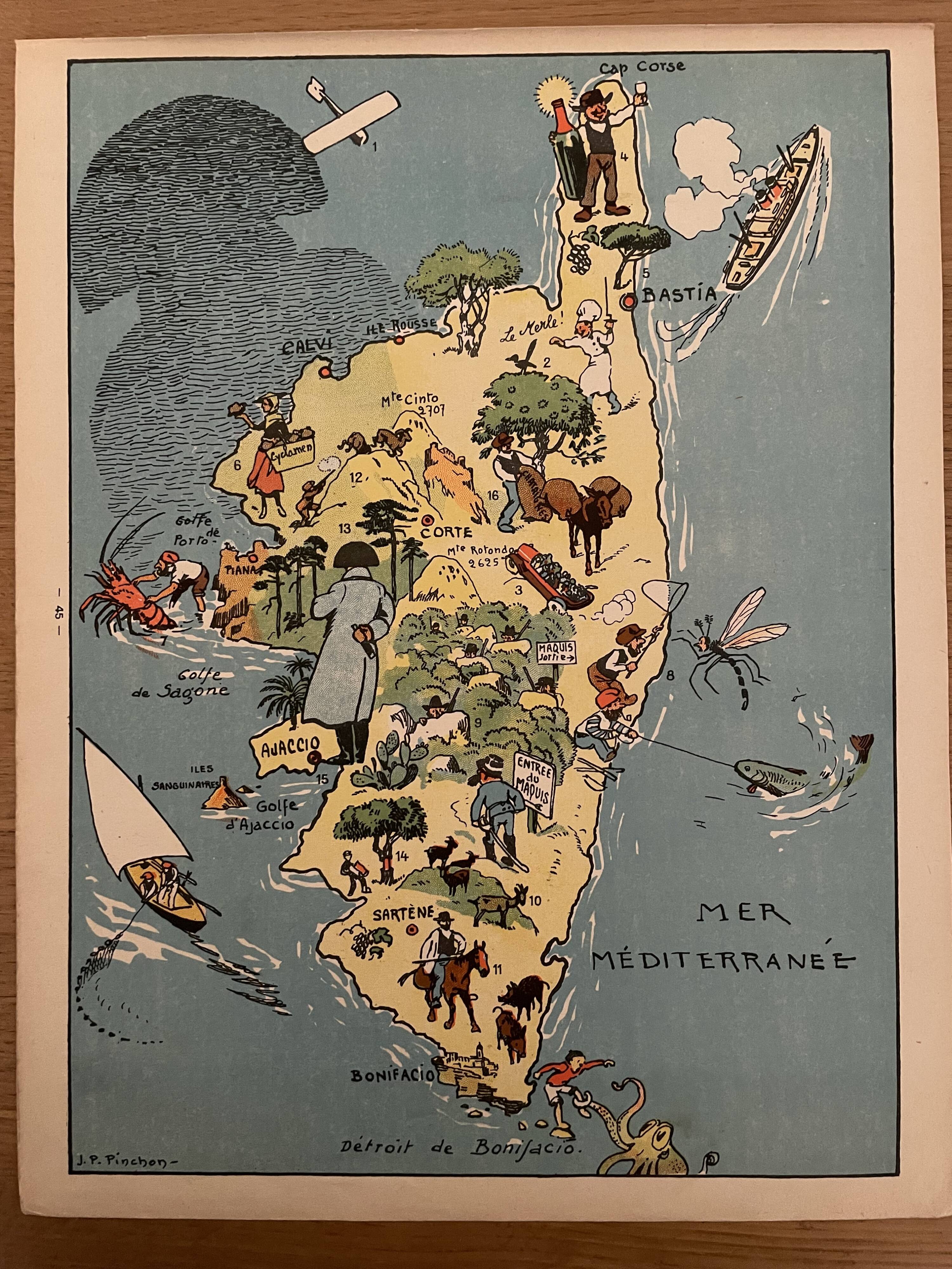 Old illustrated map of Corsica 1932 - JP Pinchon