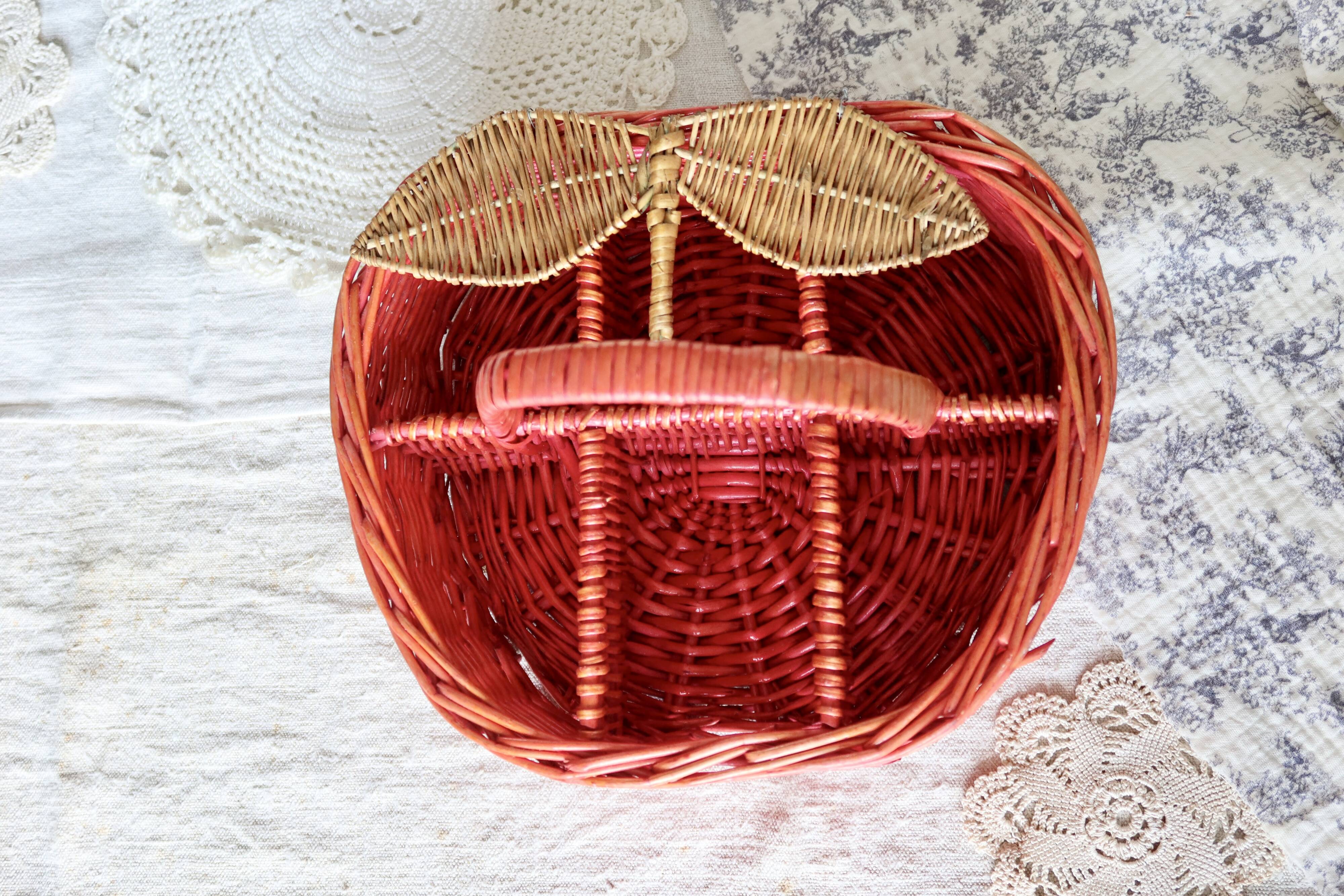 Large Vintage Painted Wicker Basket - Peach Shape