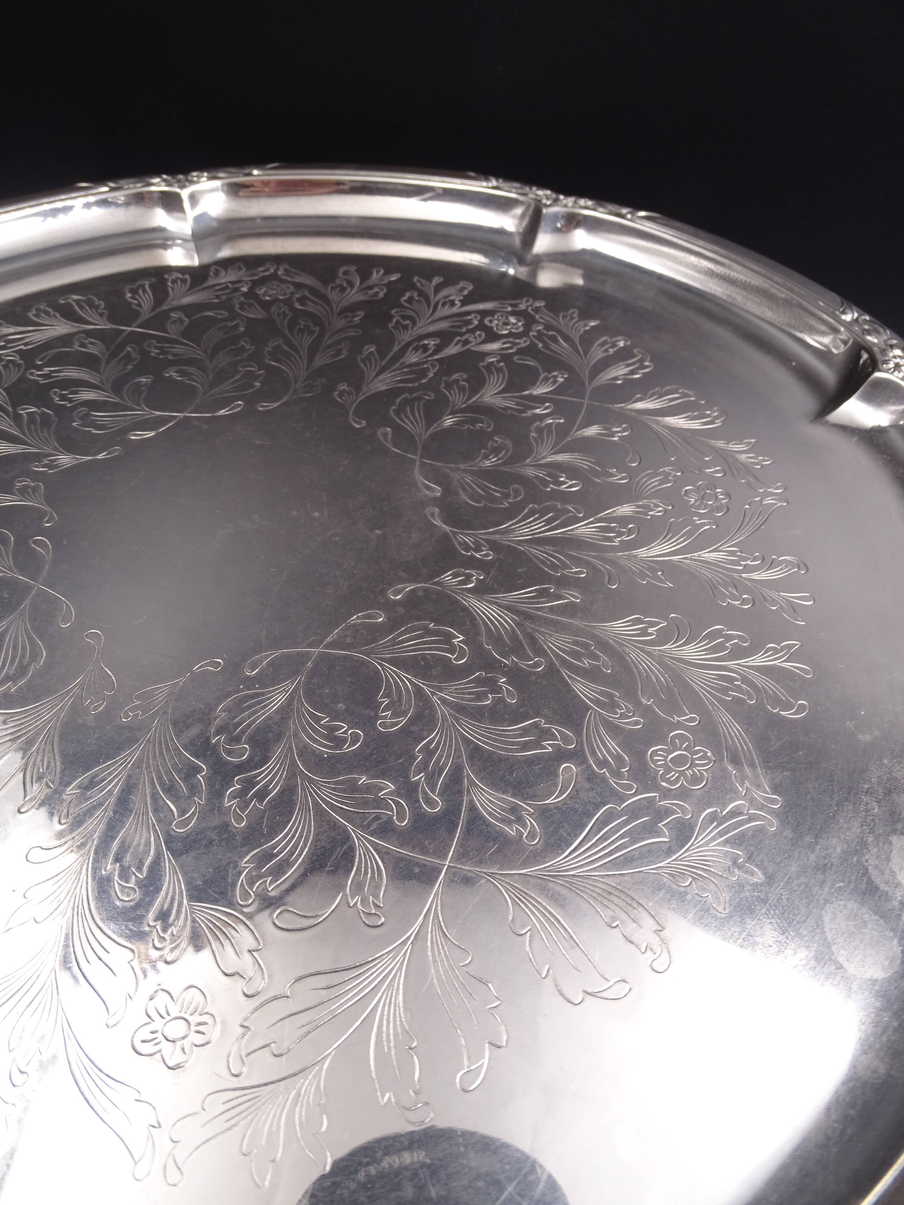 Silver metal tray with a flower decoration - circa 1950