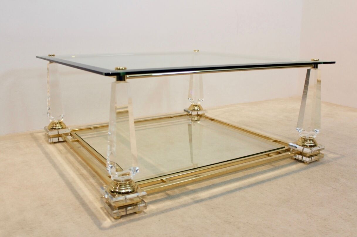 Extraordinary Lucite, Brass and Glass Obelisk Coffee table, 1970s
