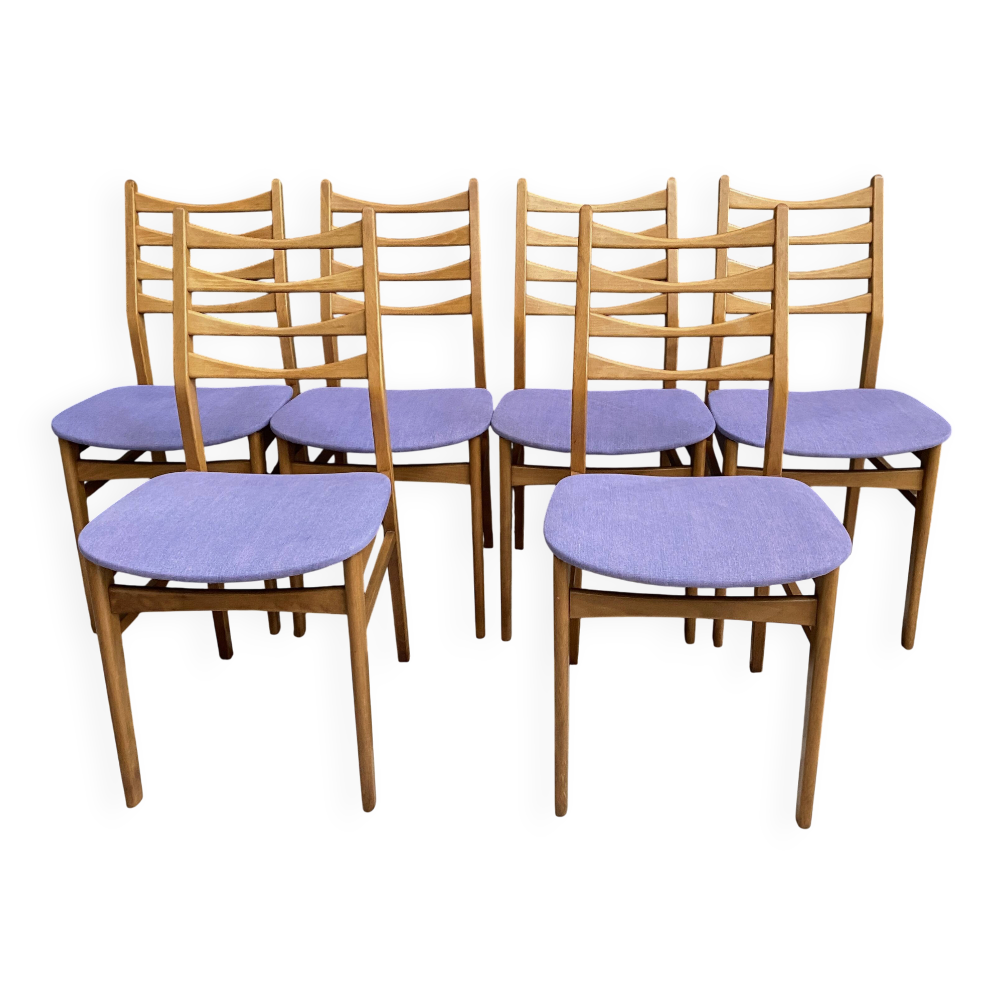 set of 6 kitchen chairs, wood and purple upholstery 1960s