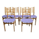 set of 6 kitchen chairs, wood and purple upholstery 1960s