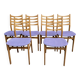 set of 6 kitchen chairs, wood and purple upholstery 1960s