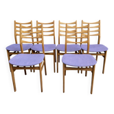6 chaises en bois et tapisserie violette, années 1960