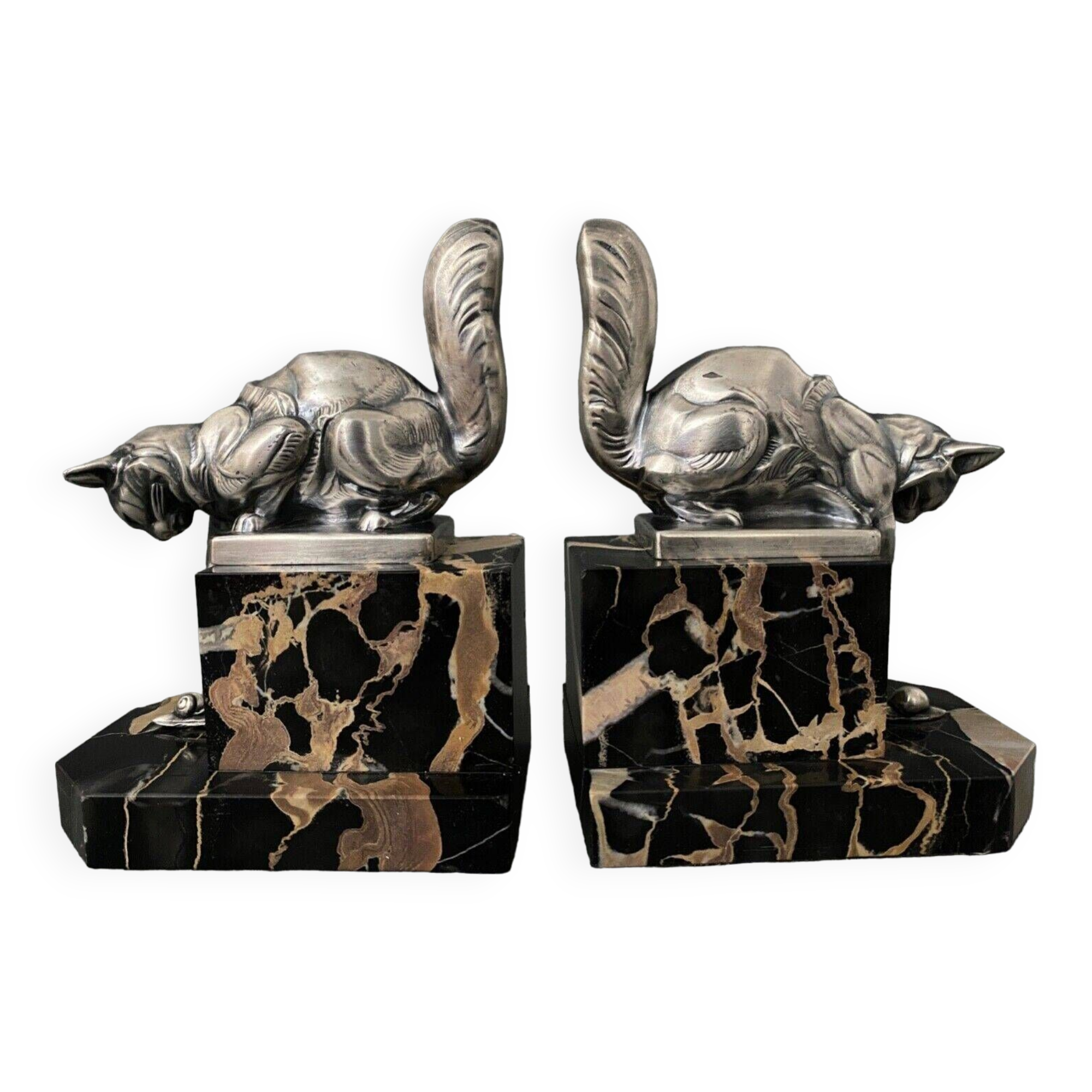 Pair of Hippolyte Moreau Art Deco spelter cat bookends