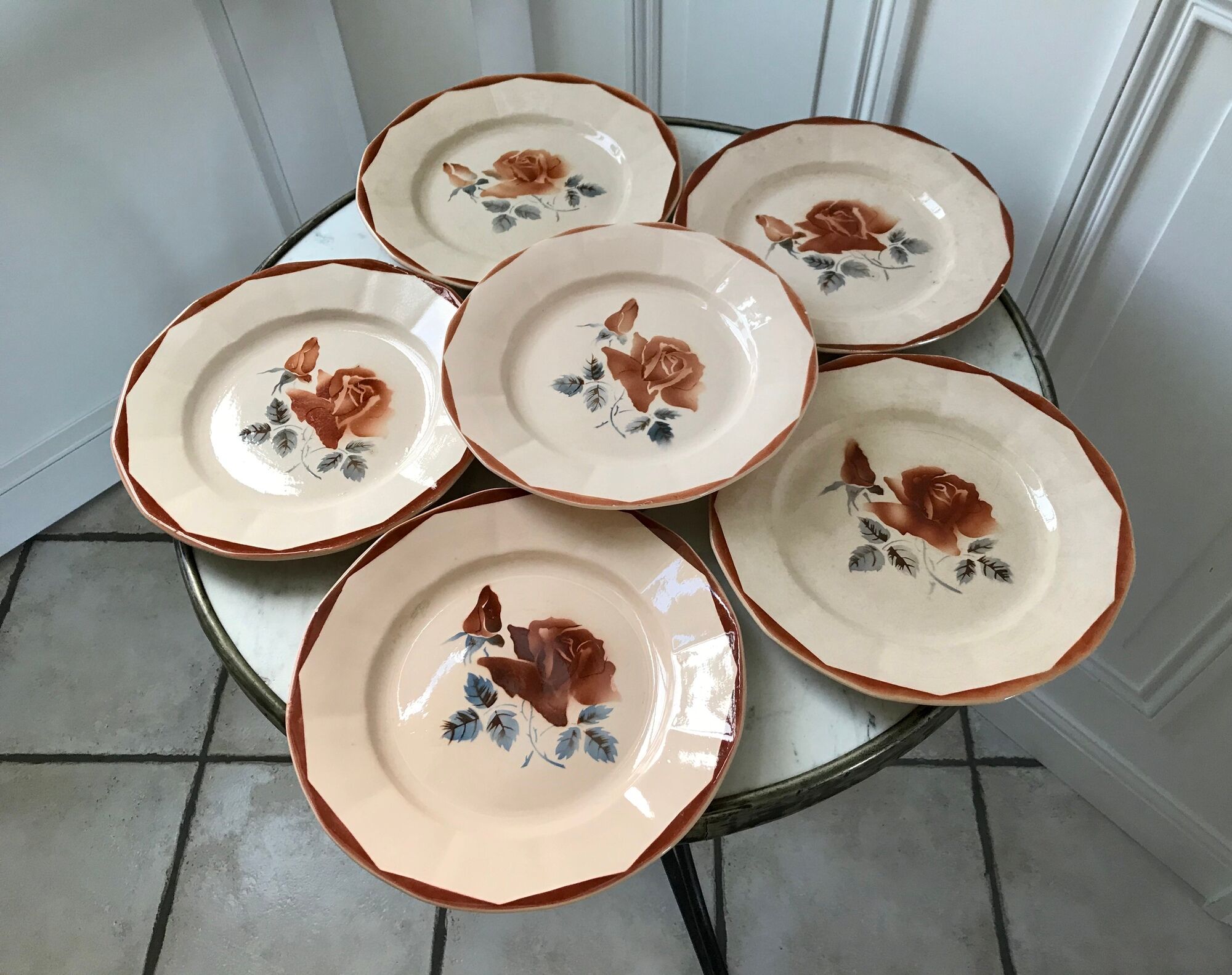 Set of 6 flat plates Digoin Sarreguemines pink flowers years 30-40