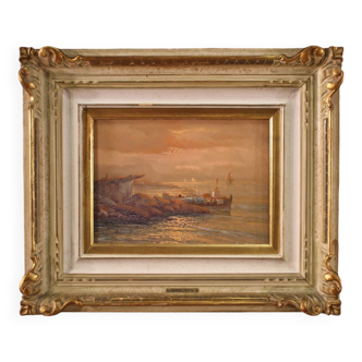 Seascape signed by Remo Testa, fishermen at sunset