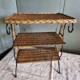 Small antique piece of furniture from the 1960s made of rattan and wrought iron in the shape of a lyre.