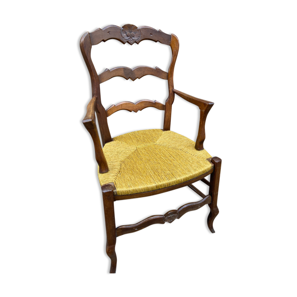 Fauteuil paillé rustique style louis xv en chêne
