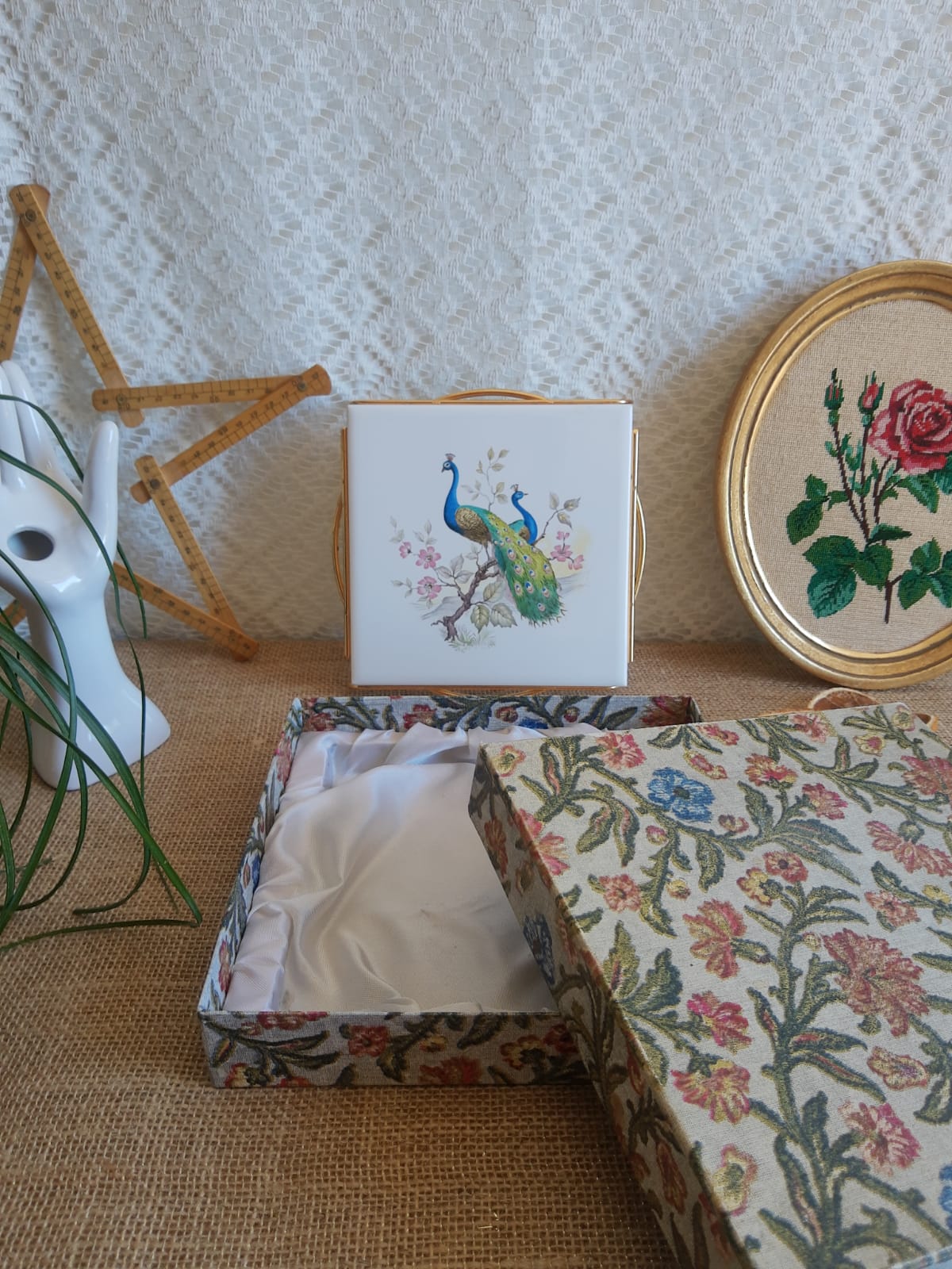 Dish coaster mettlach vintage peacock patterns