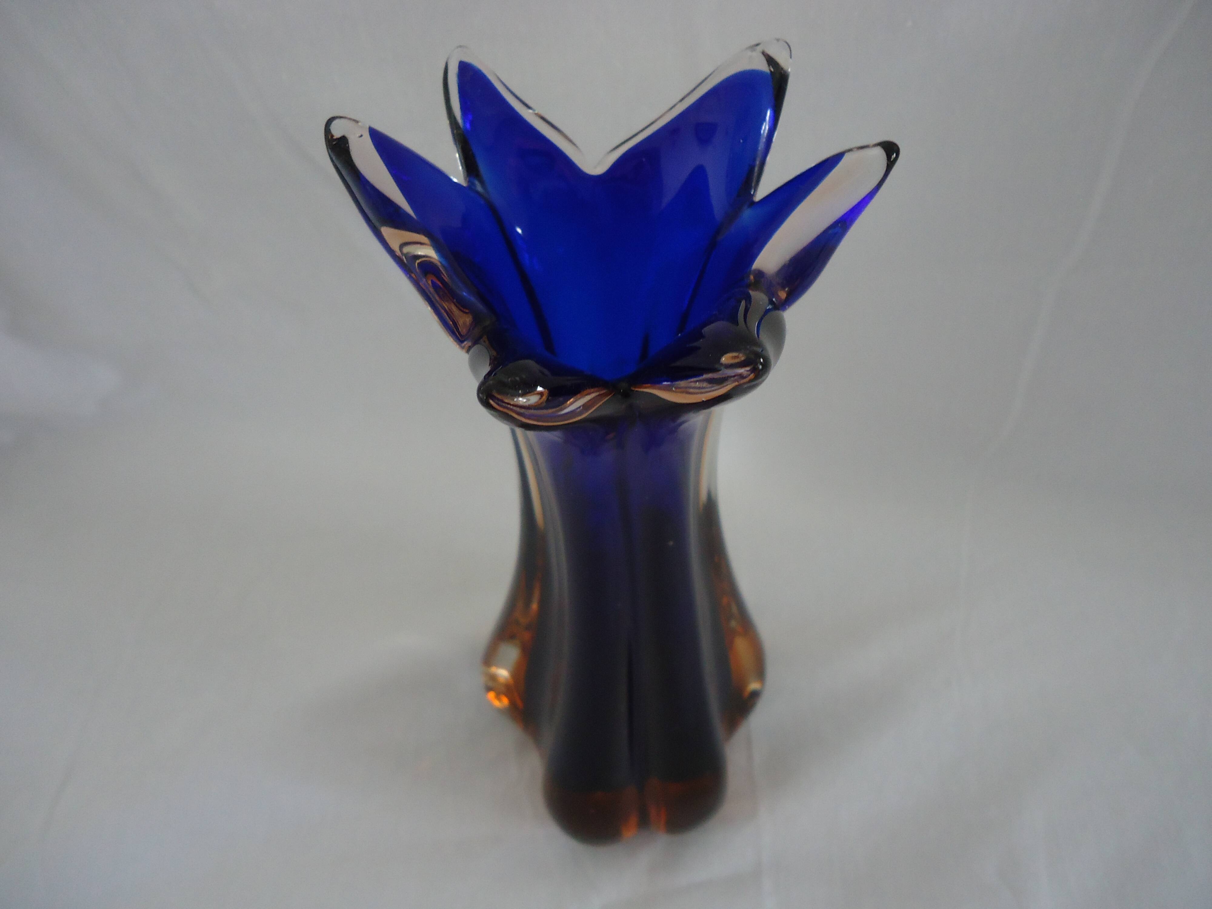Vintage cobalt blue and amber blown glass vase in Murano style.
