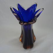 Vintage cobalt blue and amber blown glass vase in Murano style.