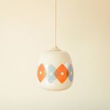 Suspension in white opaline with orange and blue geometric patterns Design 1970