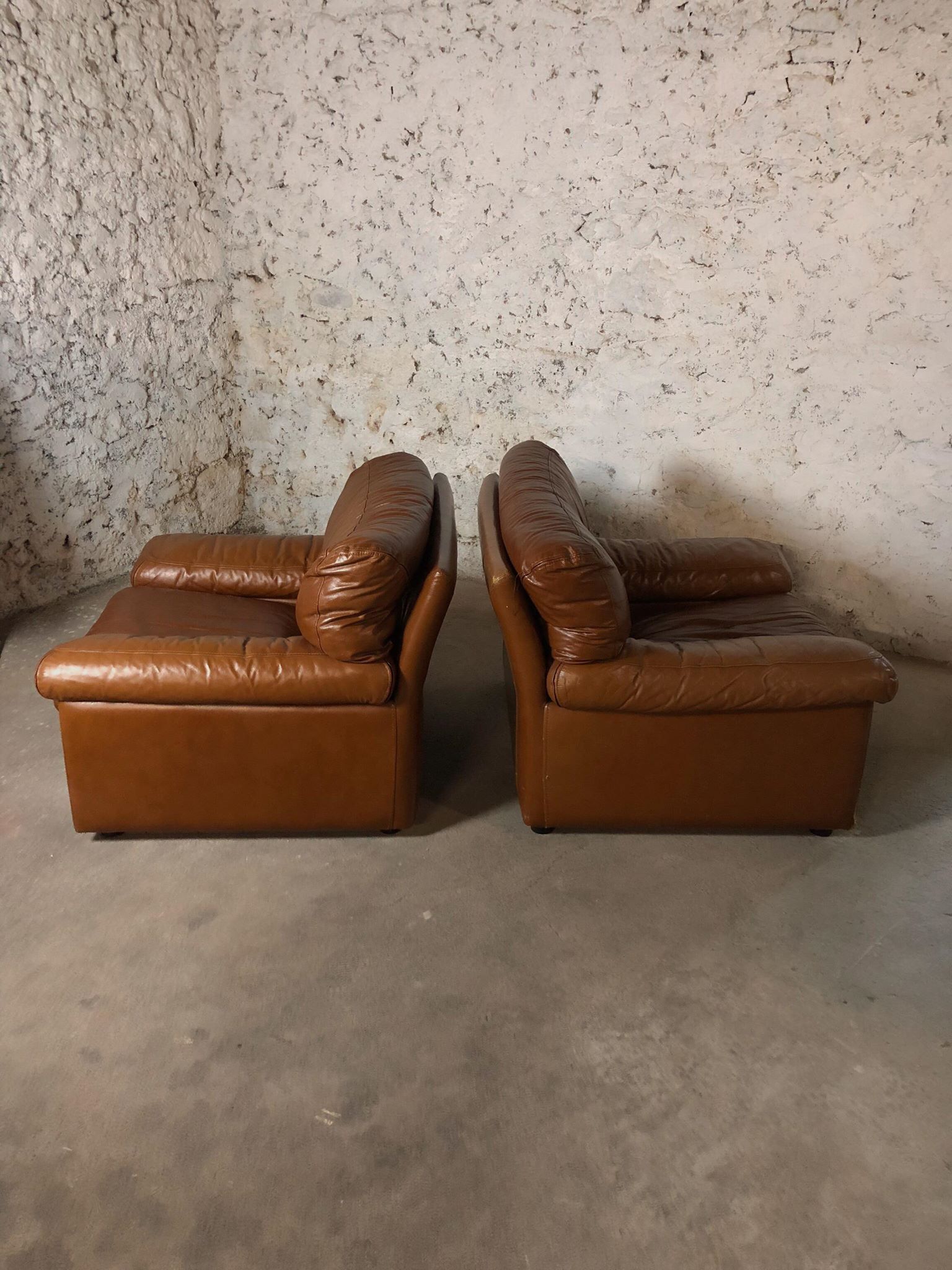 Pair camel leather armchairs
