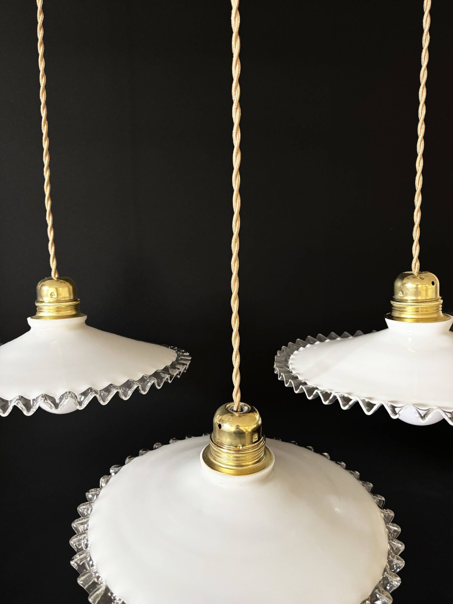 Set of 3 vintage white scalloped opaline pendants, France