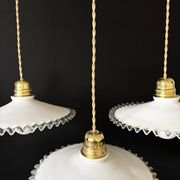 Set of 3 vintage white scalloped opaline pendants, France