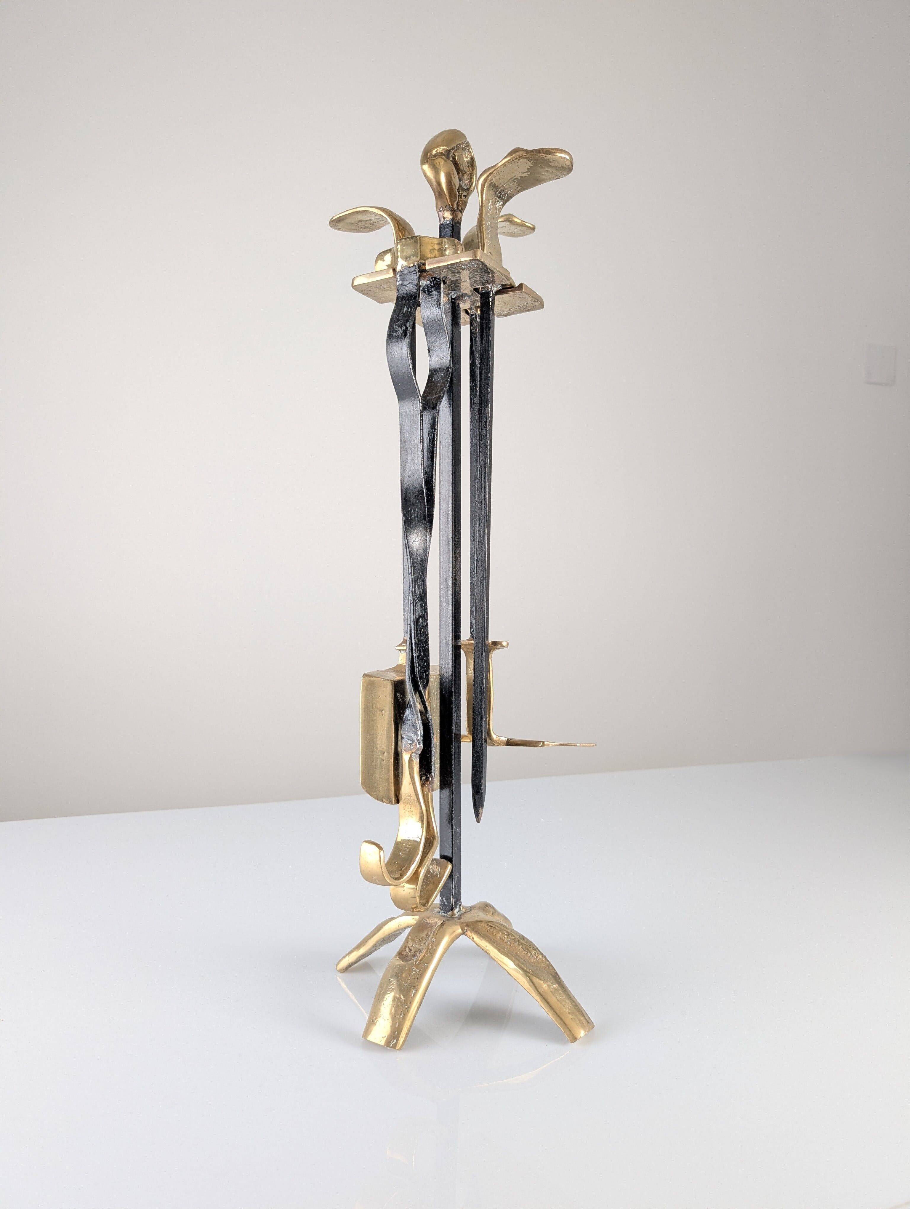 Brutalist iron and brass fireplace set by David Marshall, 1970s