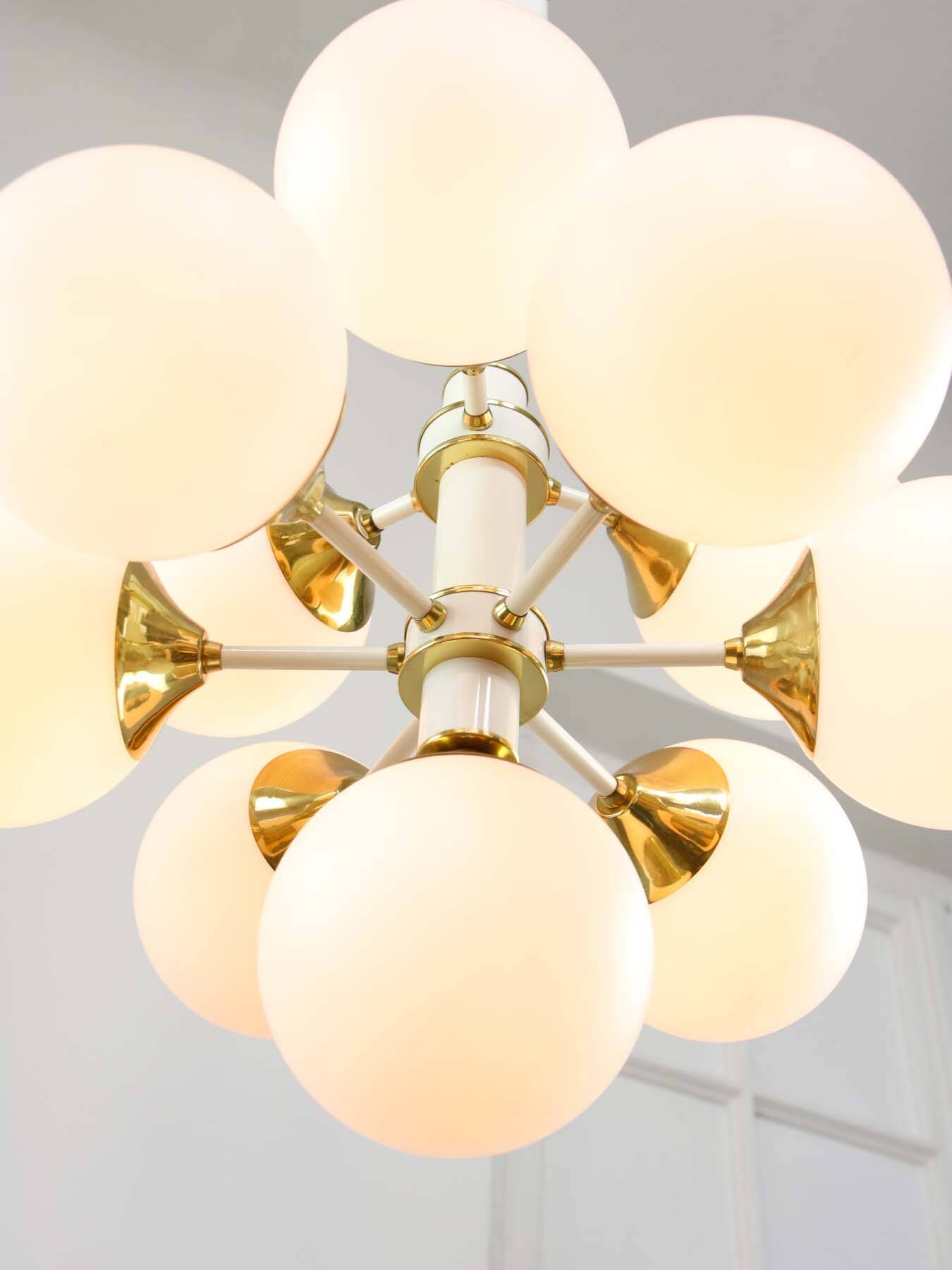 Vintage Italian Brass and Opaline 10 Arm Sputnik Chandelier, 1970s