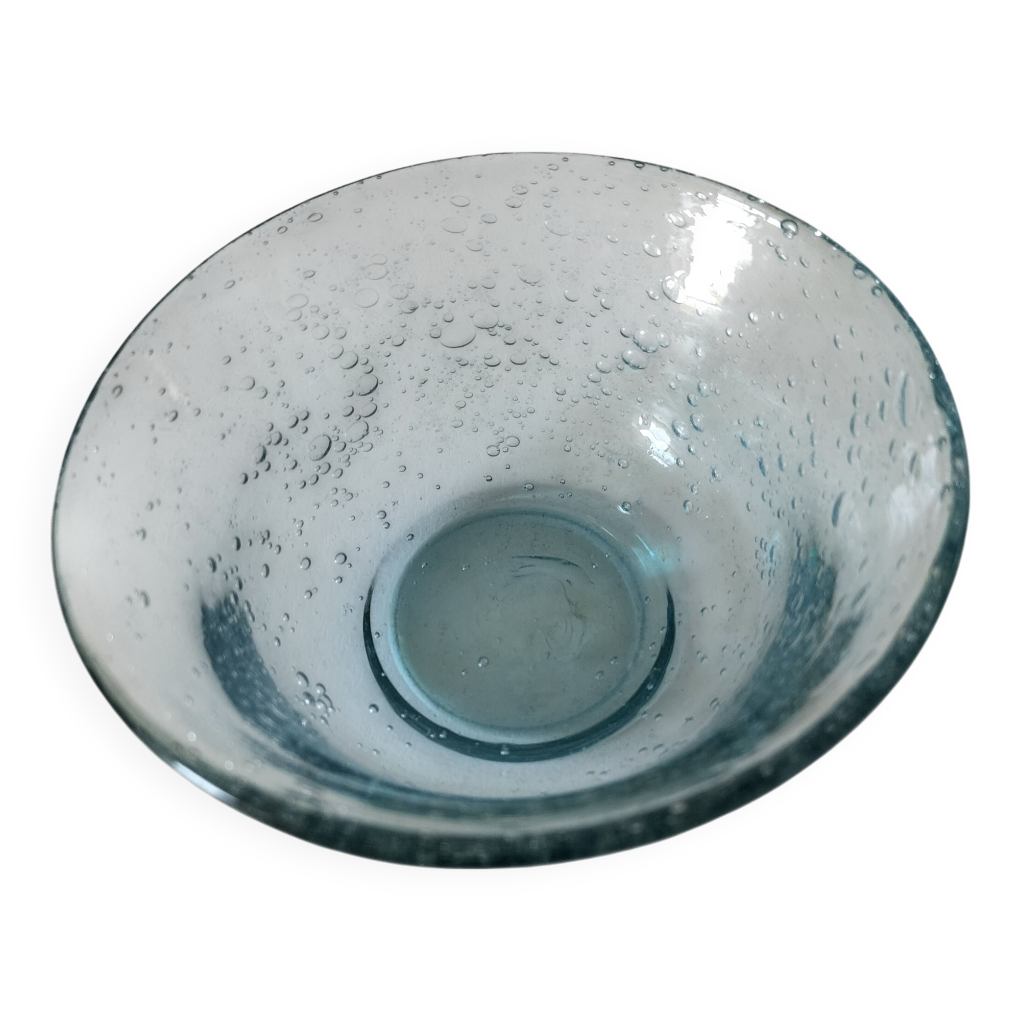 Bubble glass bowl signed Verrerie de Biot – Light blue