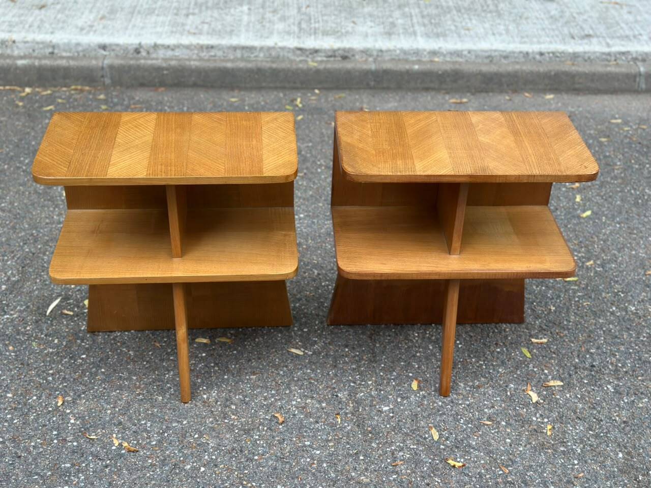 Asymmetrical Mid Century Modern bedside tables oak 1960