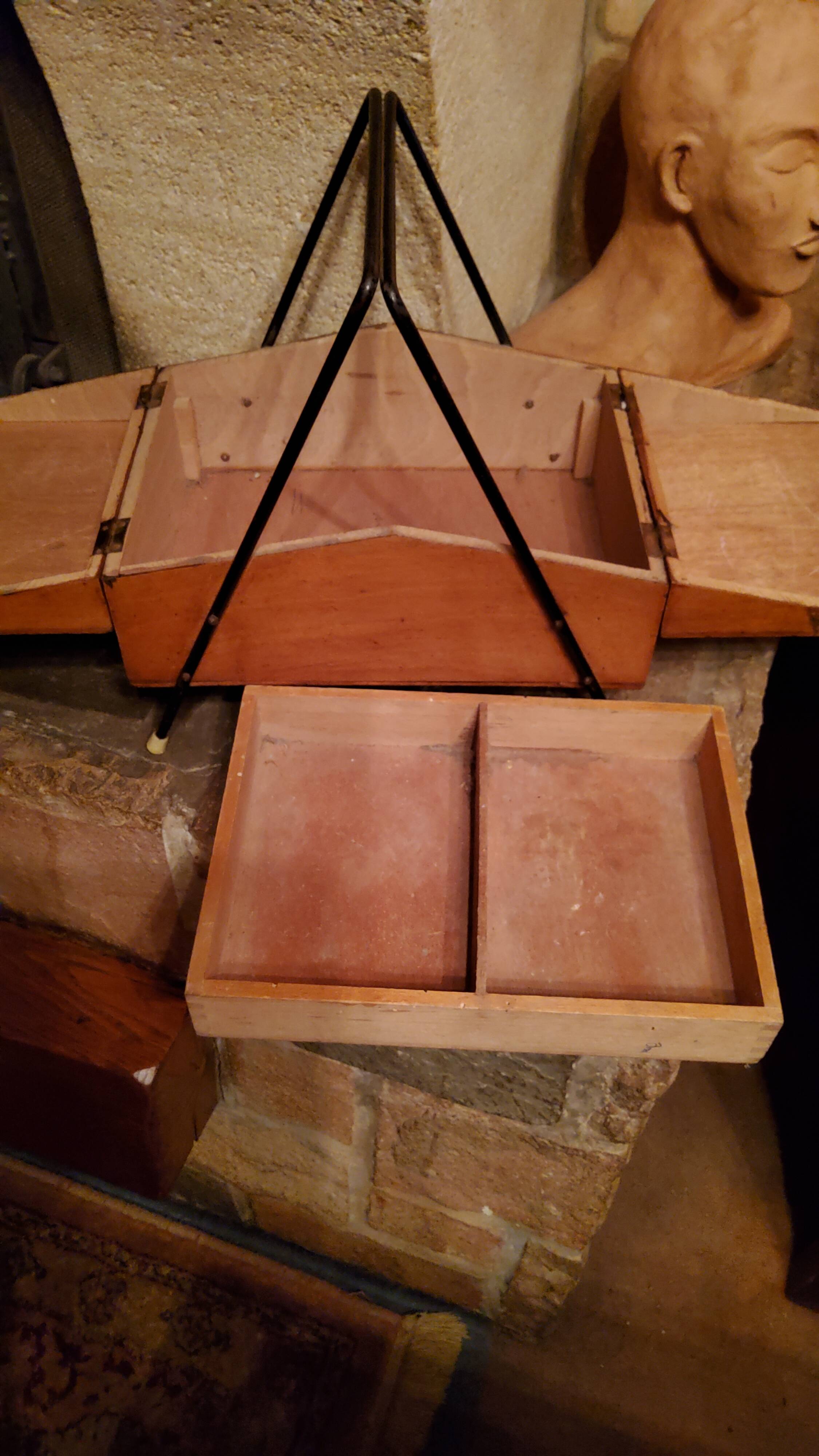Sewing box from the 50s in wood and black metal