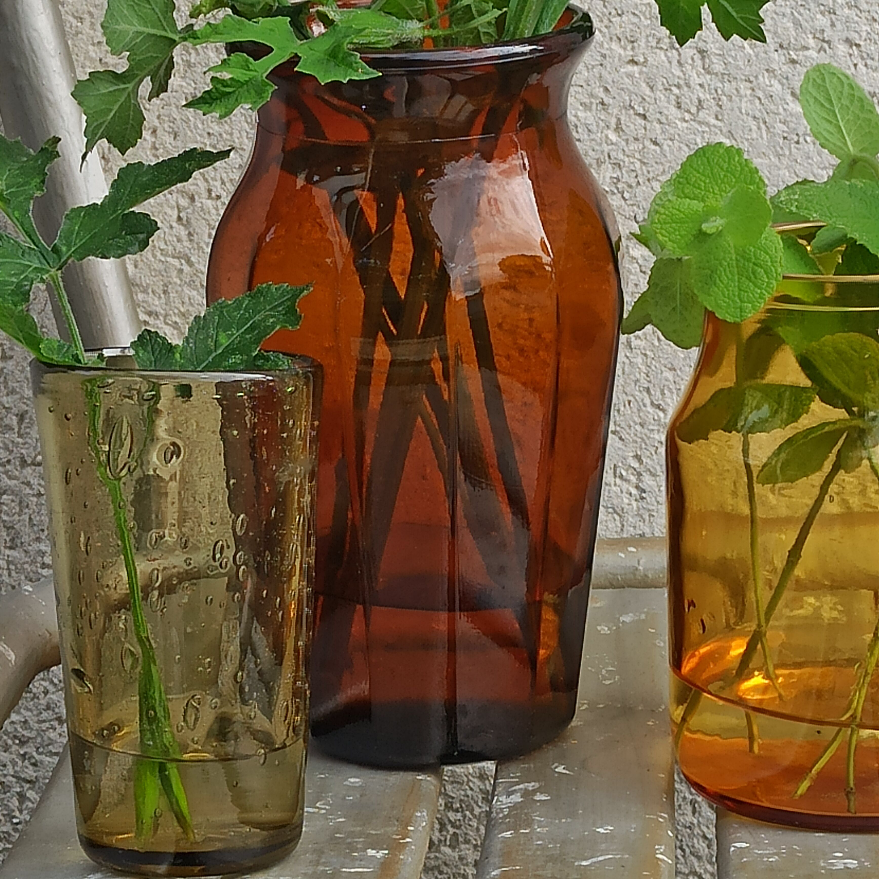 Trio amber vintage vase jar and bubbled glass
