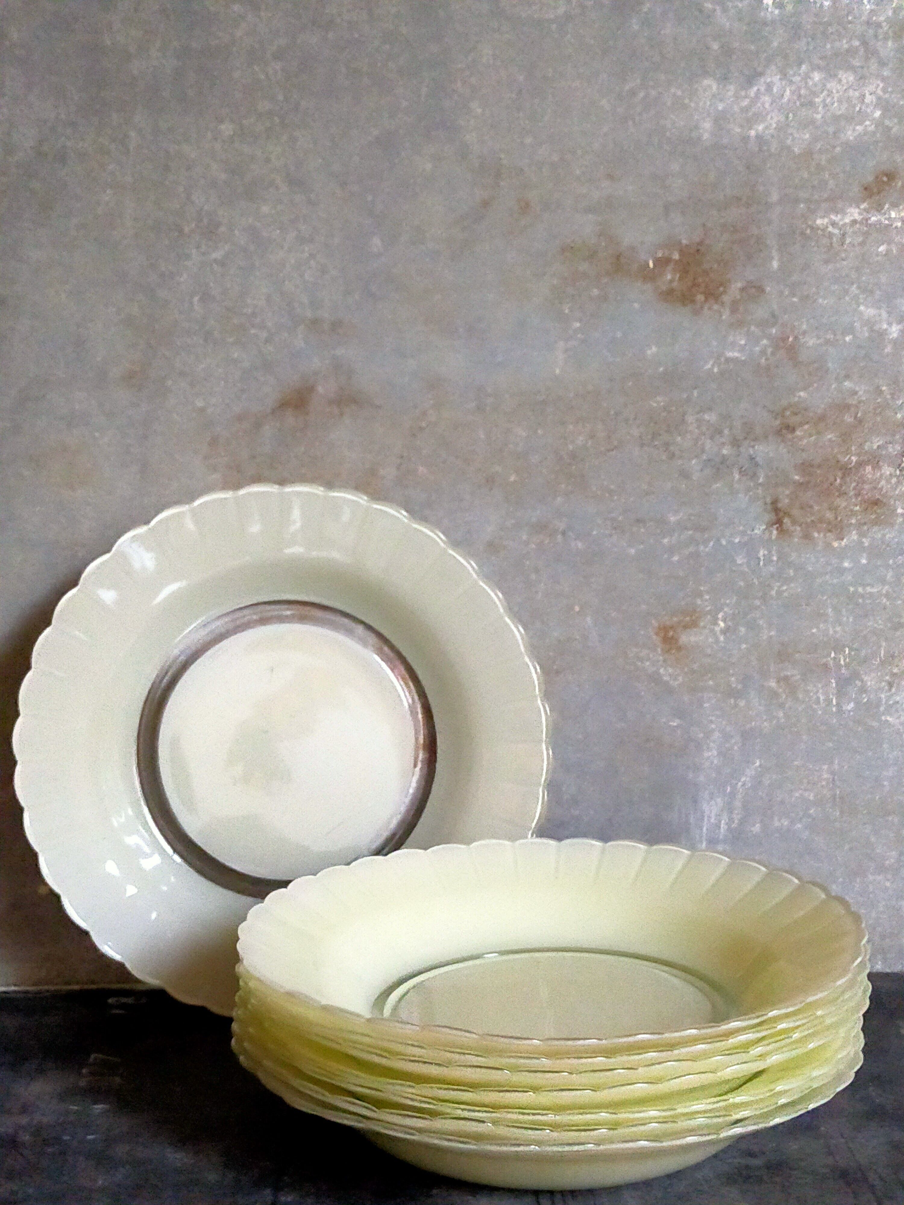 Eight hollow plates Duralex painted glass 60s