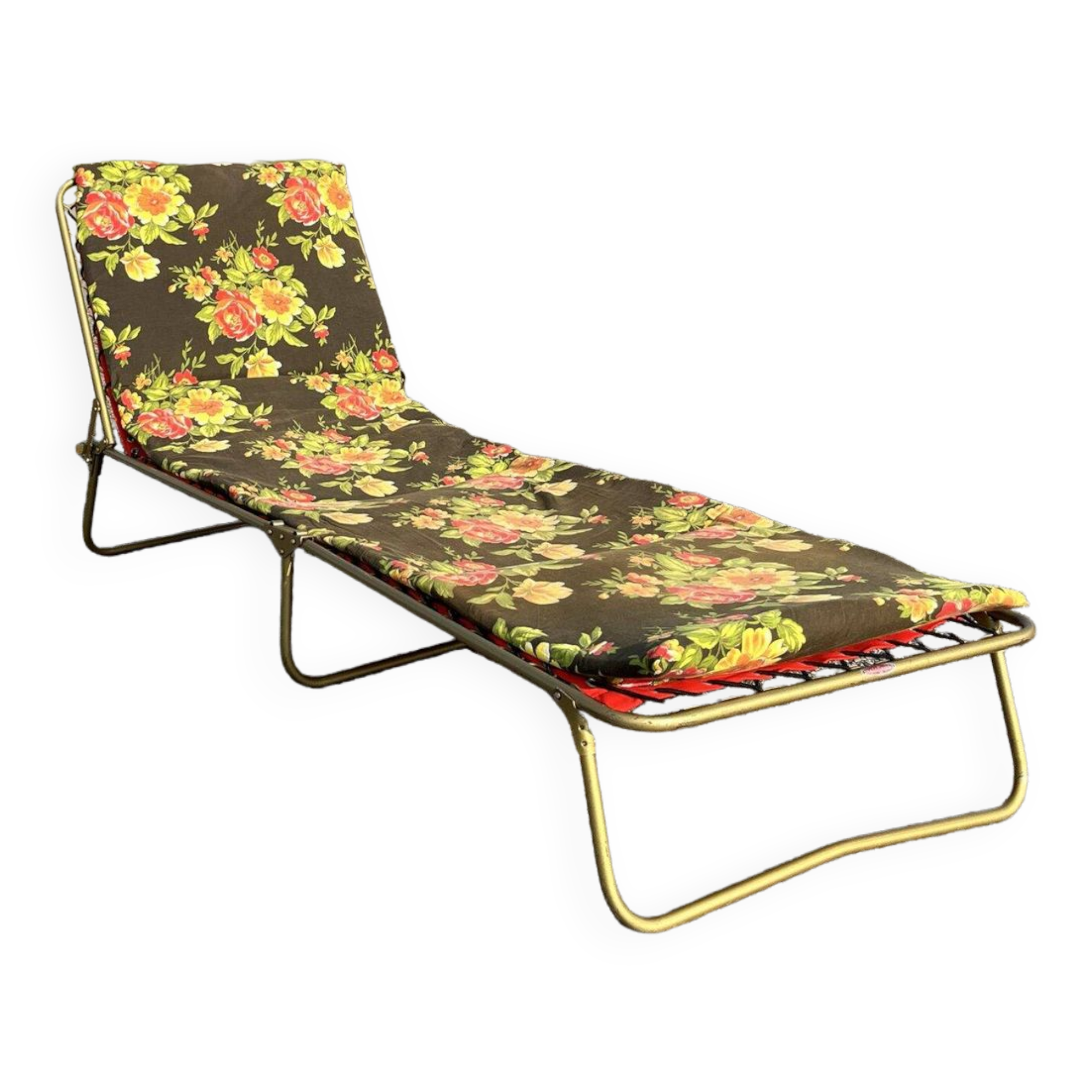 Chaise Longue Pliante Vintage Années 70 - Style Fleuri, Bois Et Tissu Bleu/jaune - Occasion Rétro