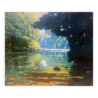 Painting "The summer river with trees" signed A. Paganini ec. Luminist around 1900