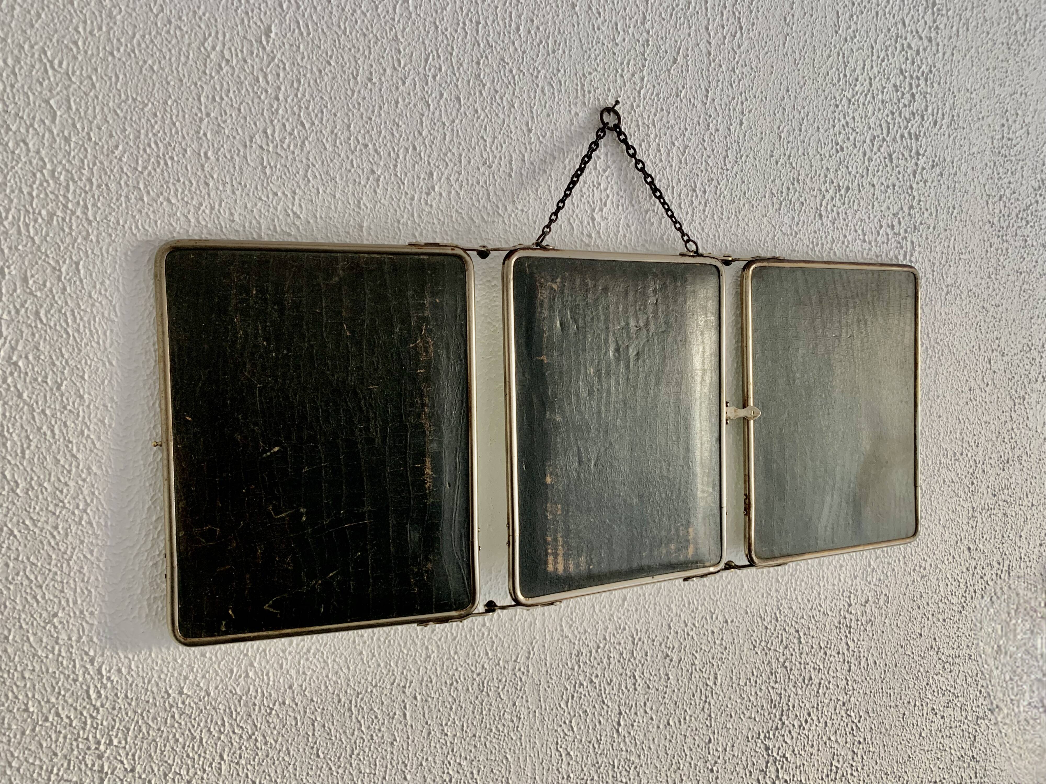 Vintage 1930s barber's triptych mirror, black beveled crystal - 28 x 70 cm
