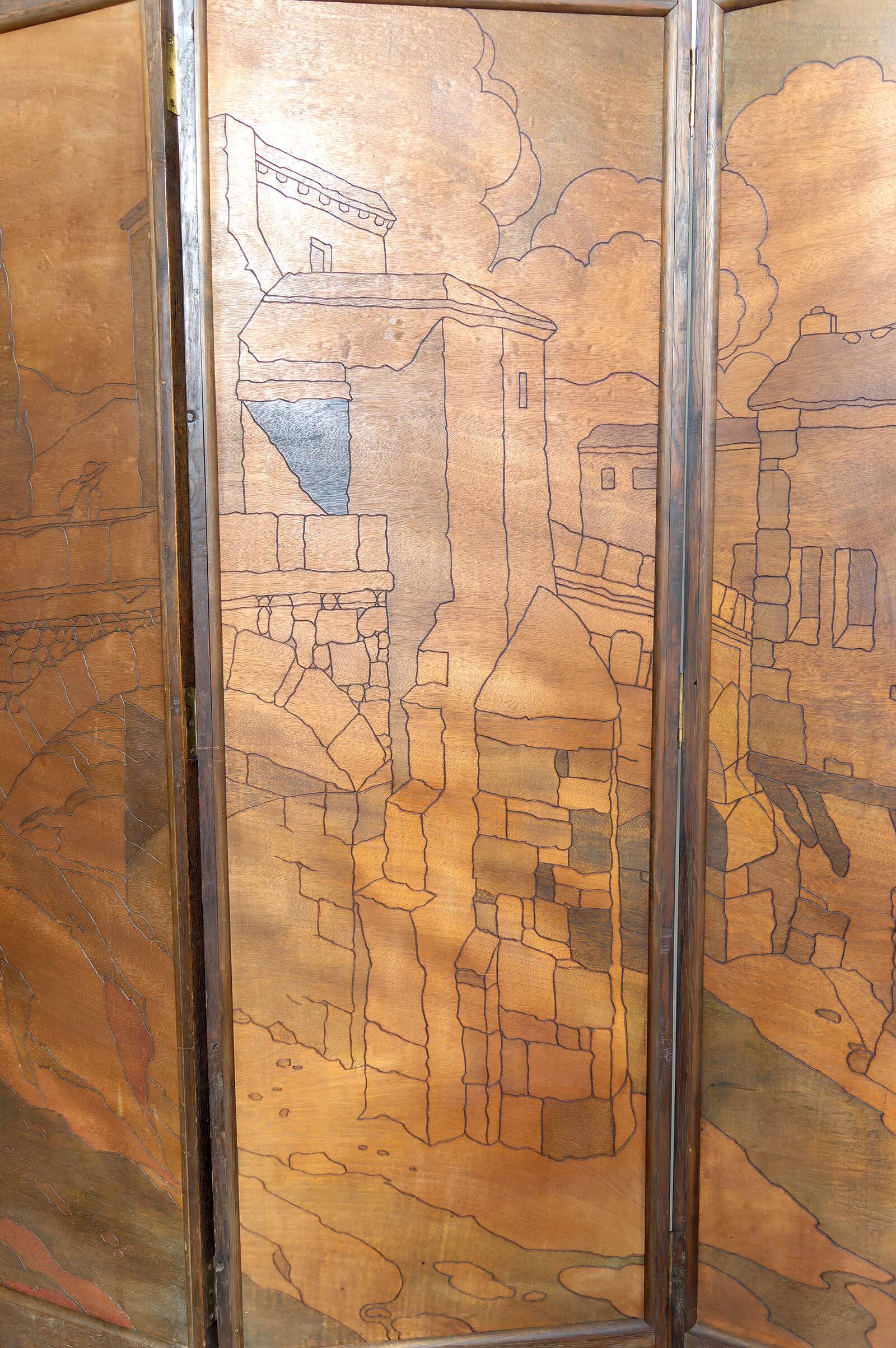 Pyrographed Screen, Mediterranean Medieval Town, Art Nouveau/Deco, 1930