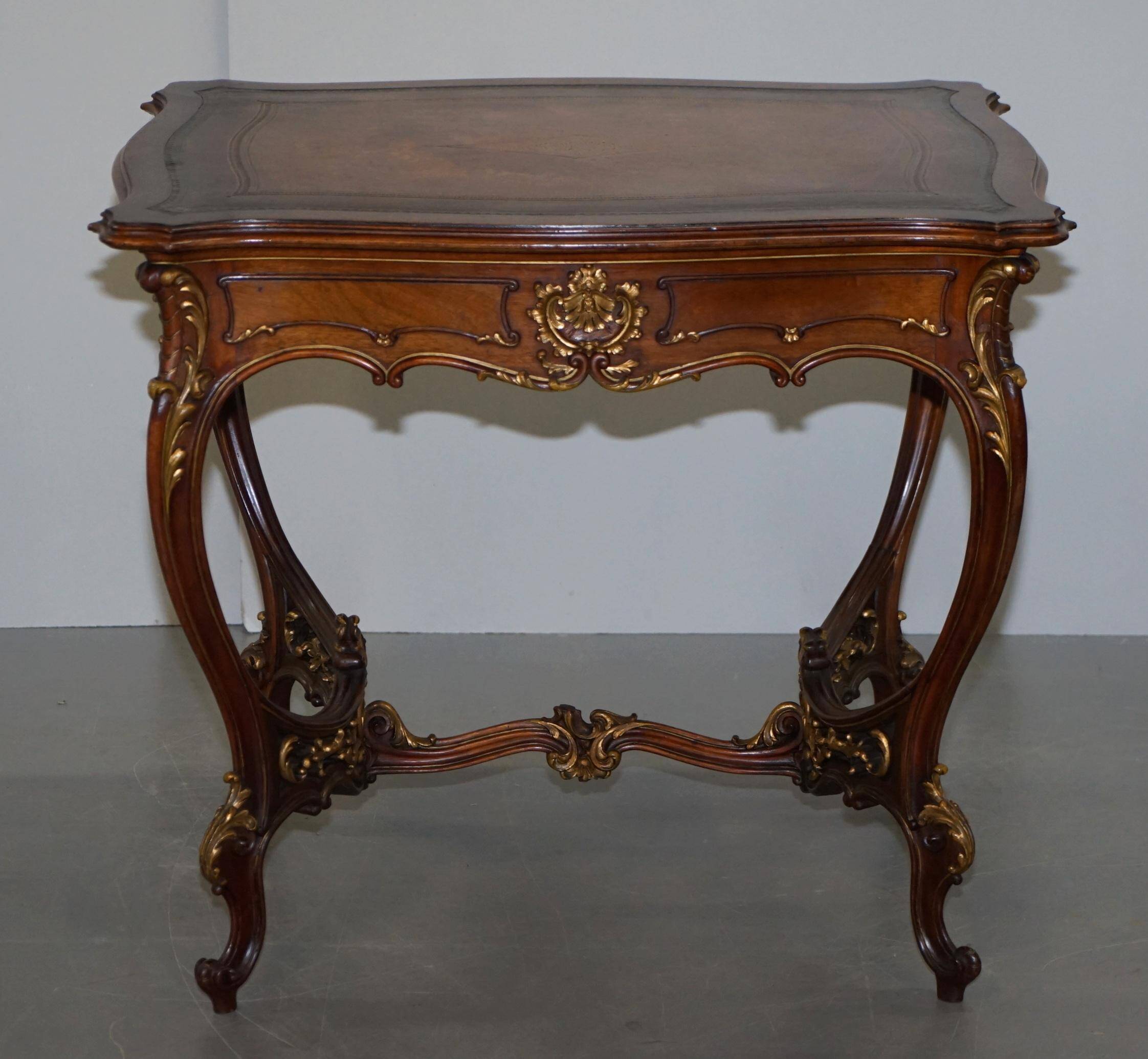 Pine desk with leather and gilding, late Victorian period around 1900.