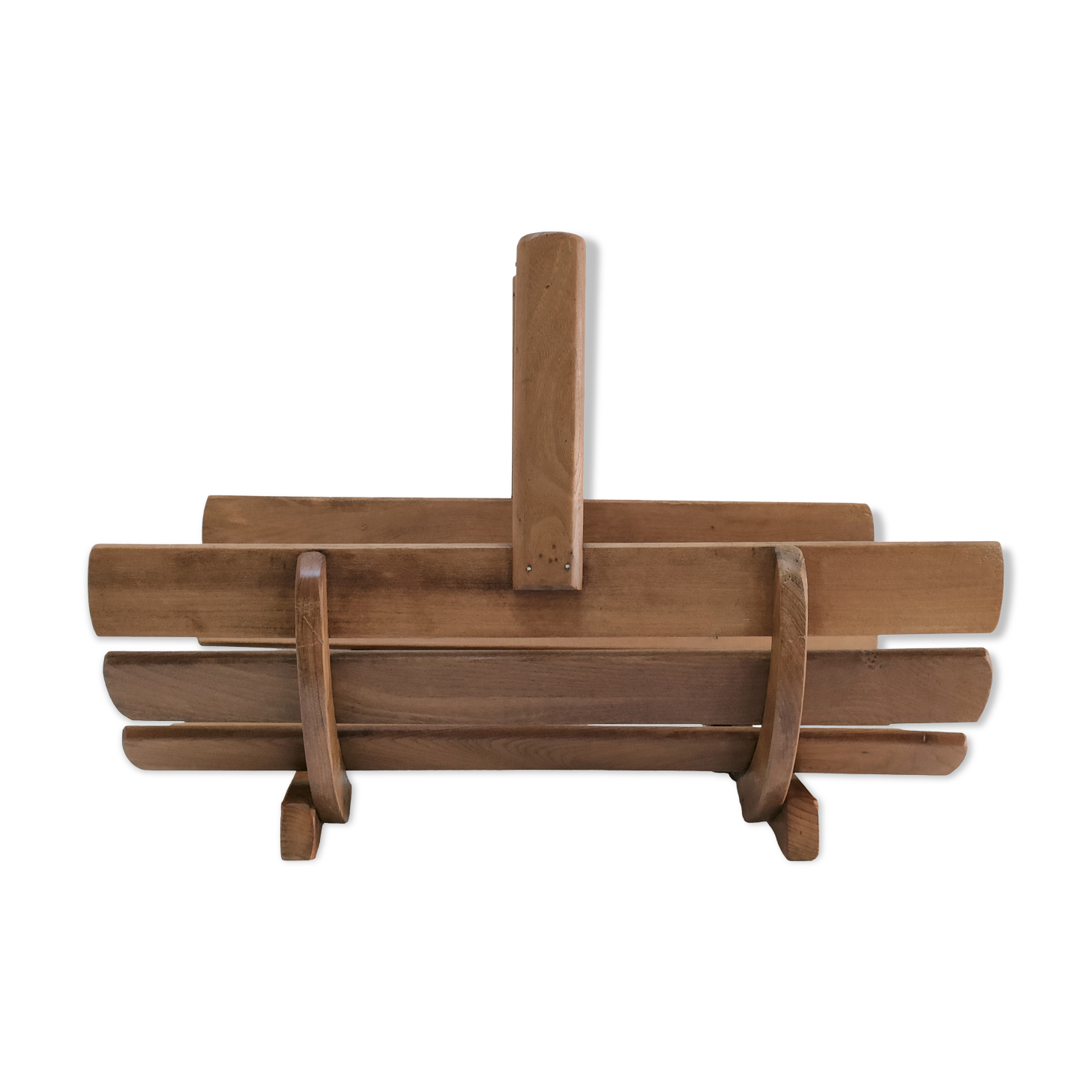 Log basket solid wood slatted vintage folk art
