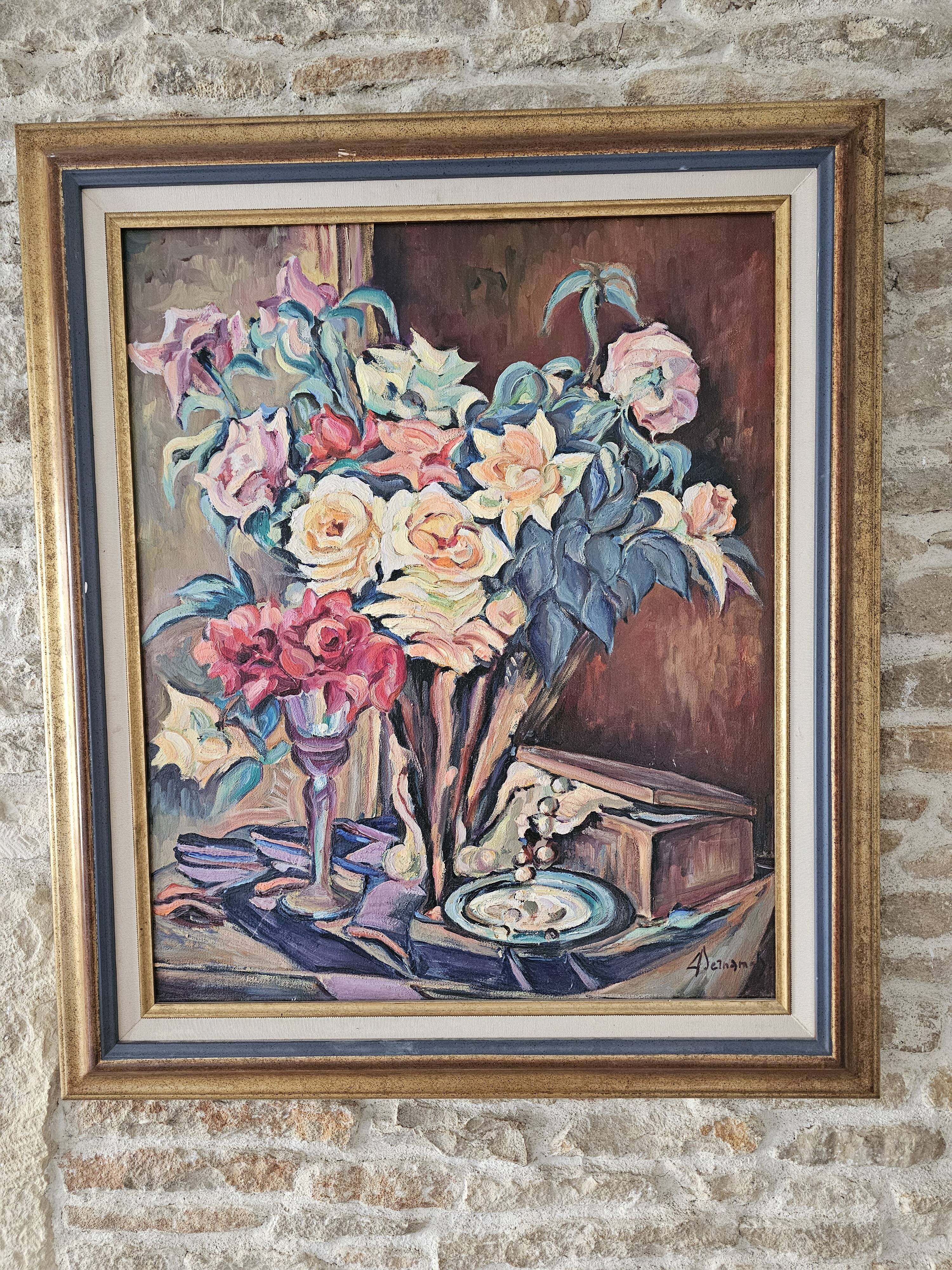 Oil on Canvas Still Life Flower Bouquet Signed Bernamonti